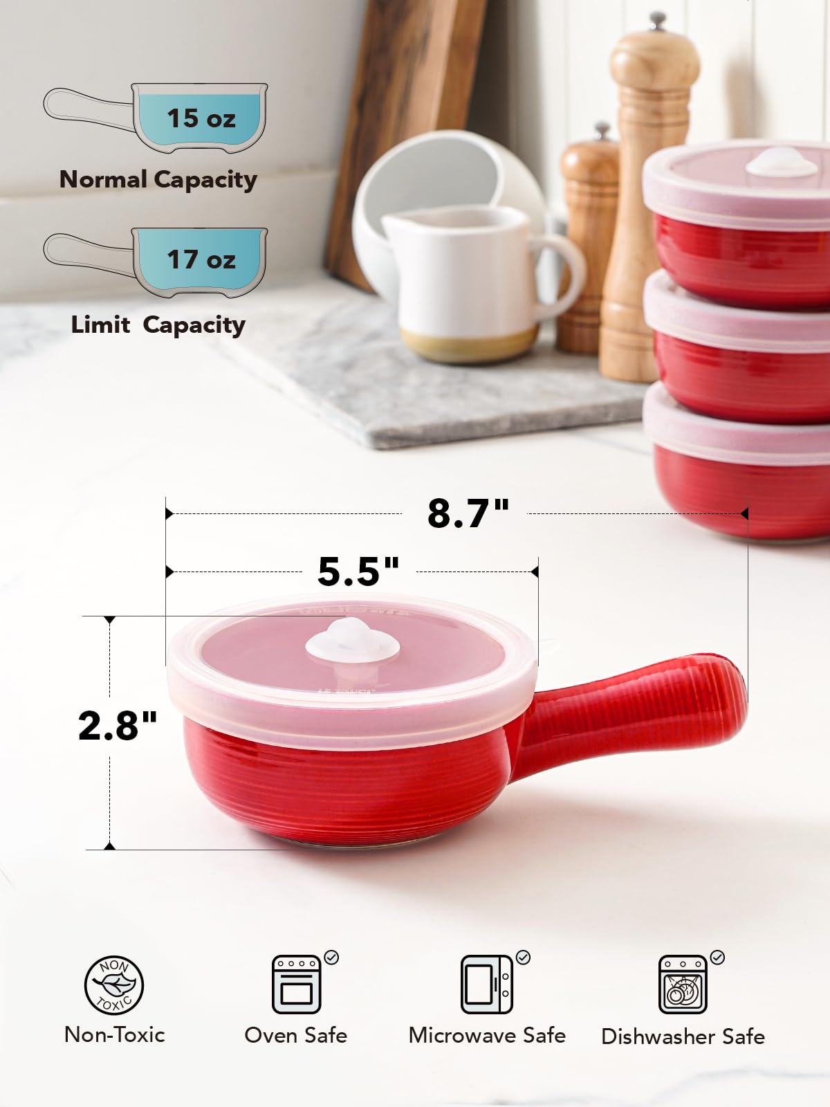 15oz Ceramic French Onion Soup Bowls with Handles, Oven Safe Soup Crocks, Set of 2, Microwave & Dishwasher Safe, for Serving Soup, Chili, Stew,Red