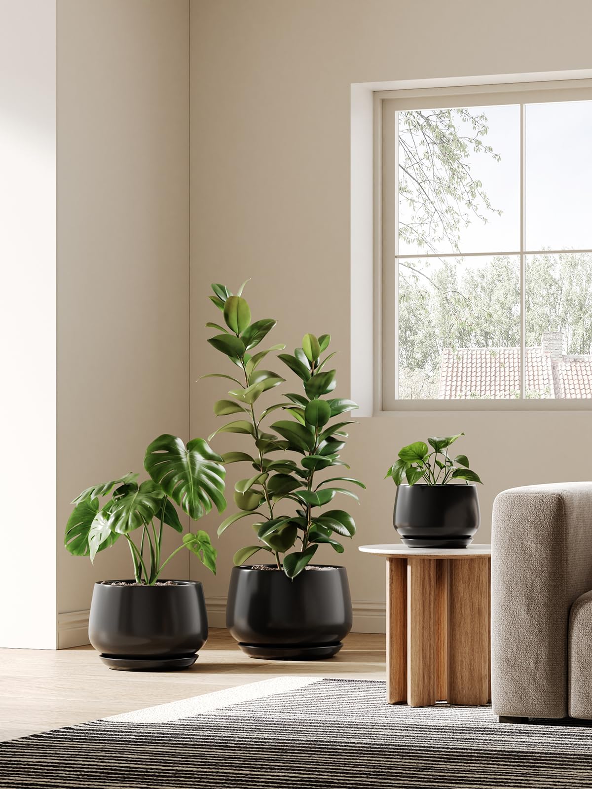 BEMAY 12" Black Plant Pot with Drainage Hole and Saucer, Modern Round Indoor Planter Living Rooms, Entryways & Home Decor