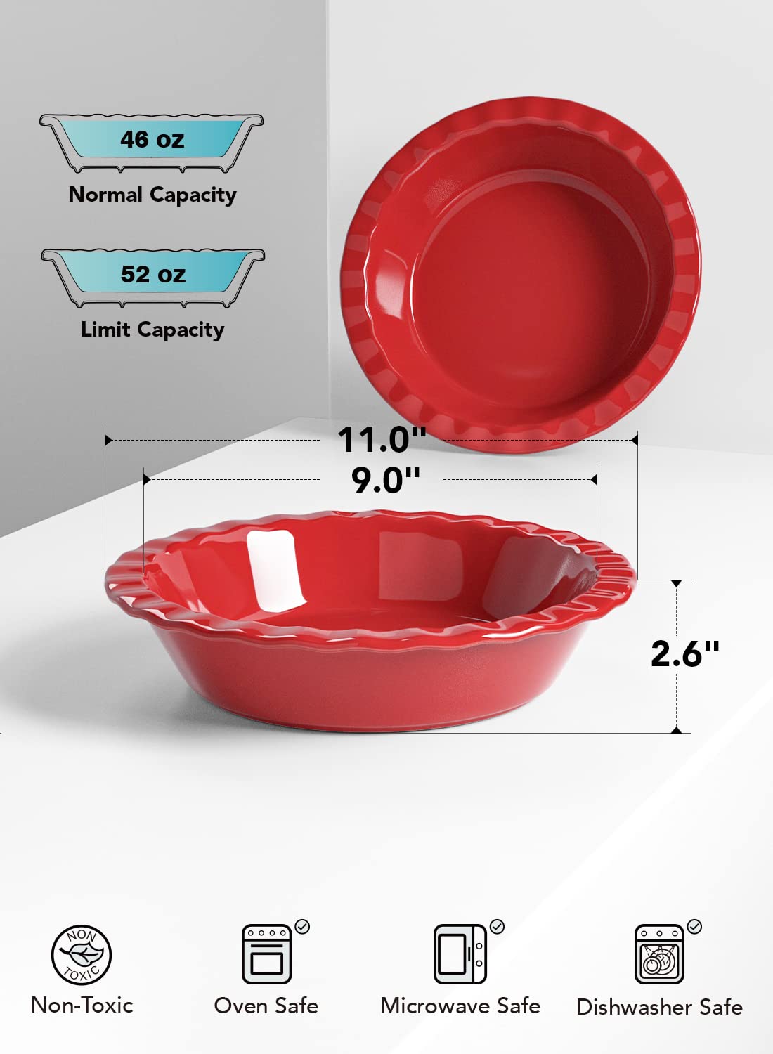 Ceramic Pie Pans for Baking, 9 Inches Pie Plate for Apple Pie, Pecan Pie, 52 Ounce Deep Pie Dish, Set of 2, Red