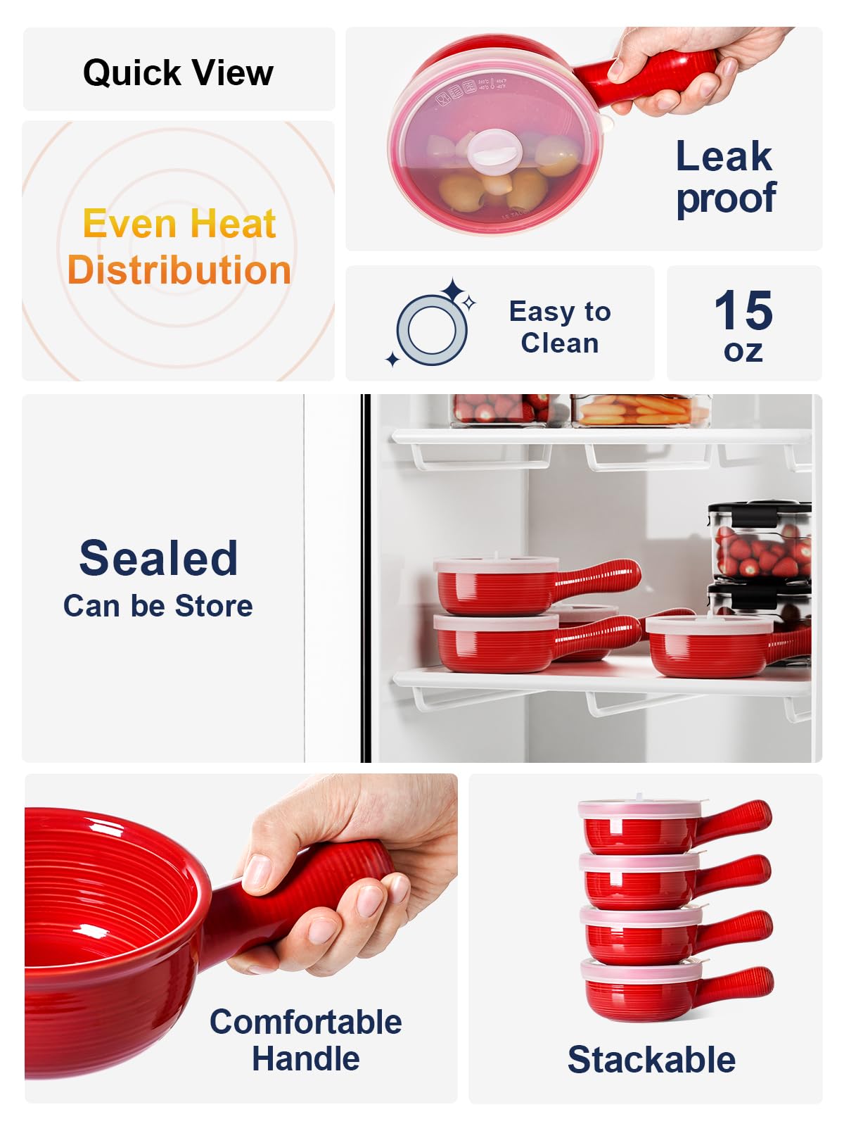 Red Ceramic Soup Bowls with Handles and Lids, 15 oz French Onion Soup Bowls Set of 2, Oven Safe Soup Crocks for Cereal, Chili, Stew and Leftovers