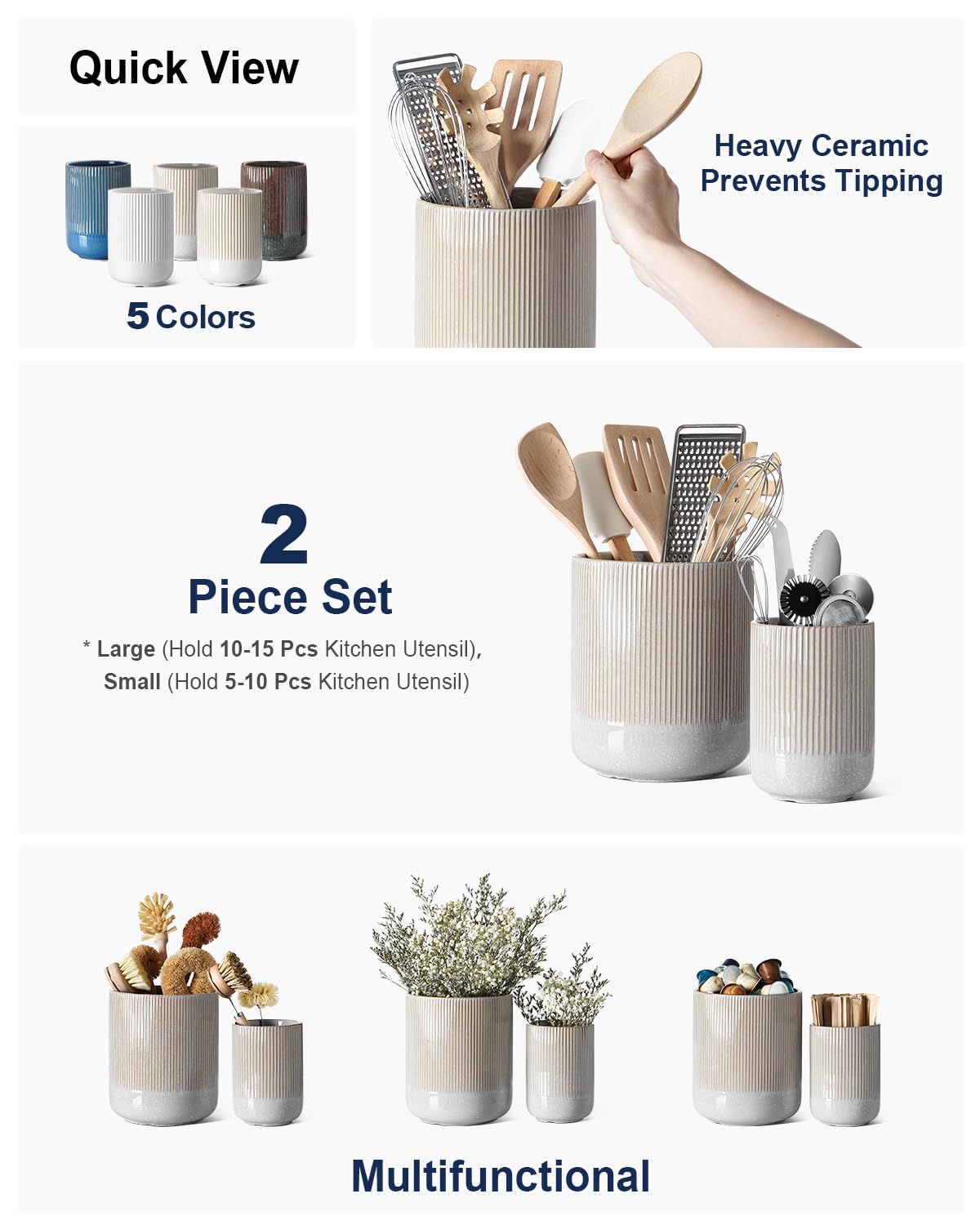 Set of 2 Utensil Holder, 7.3"+5.4" Ceramic Crocks for Kitchen, Cooking Organizer & Plant Pots