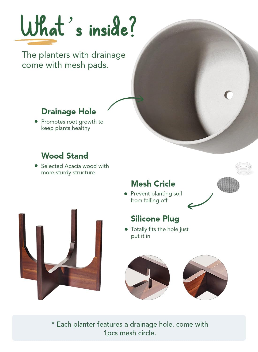 BEMAY 12 Inch Large Ceramic Planter with Wooden Stand, Indoor Modern Plant Pot with Drainage Hole, Mesh Pad & Silicone Plug, Floor Standing Flower Pot for Living Room, Bedroom, Entryway