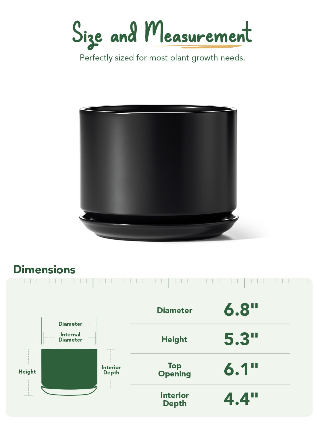 BEMAY 6.8" Ceramic Plant Pot with Drainage Hole and Attached Saucer, Black indoor Planter