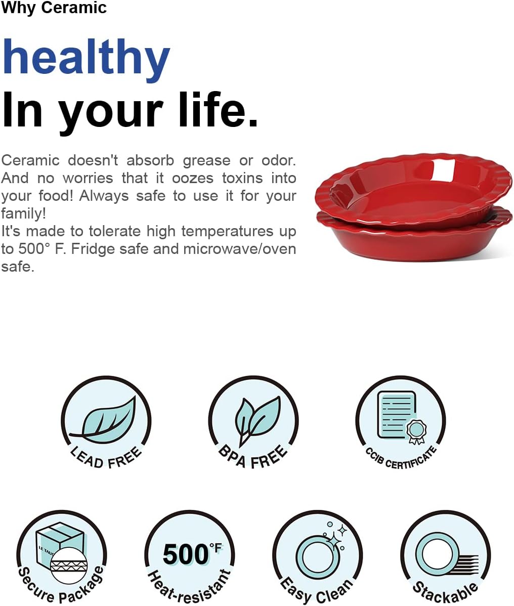 Ceramic Pie Pans for Baking, 9 Inches Pie Plate for Apple Pie, Pecan Pie, 36 Ounce Deep Dish Pie Pan, Set of 2, Red