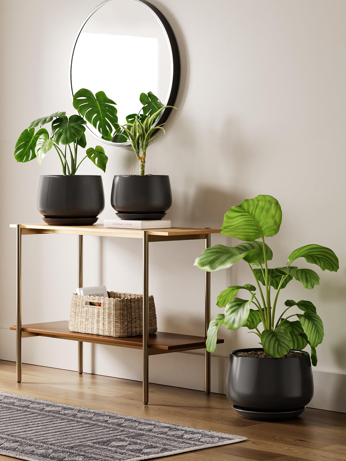 BEMAY 12" Black Plant Pot with Drainage Hole and Saucer, Modern Round Indoor Planter Living Rooms, Entryways & Home Decor