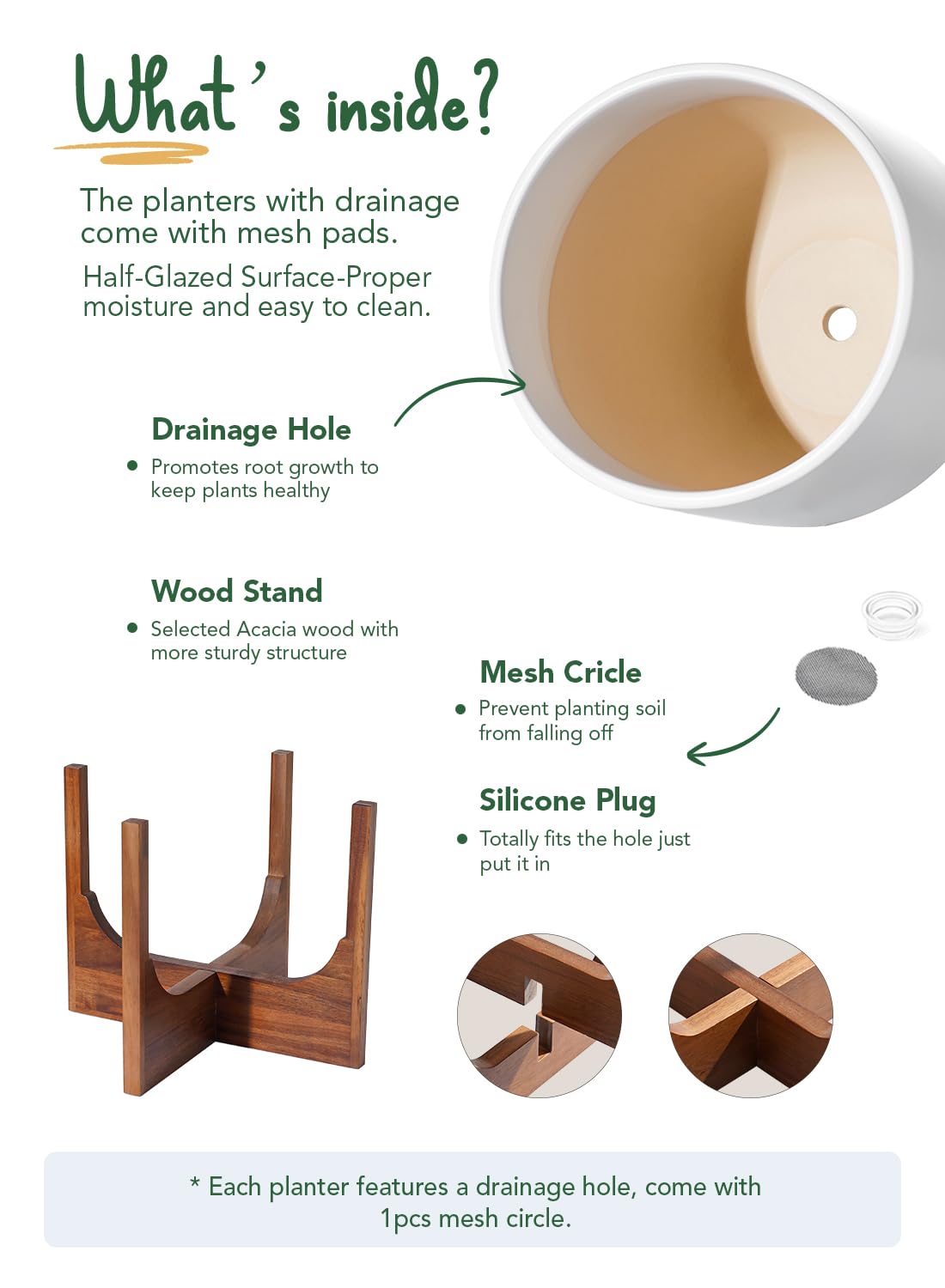 LE TAUCI 12 Inch Pots for Plants with Acacia Wood Stand, Ceramic Large Planters for Indoor Plants, Indoor Plant Pots for Office Living Room, Cylinder Pots for Plants with Drainage Hole and Plug, White