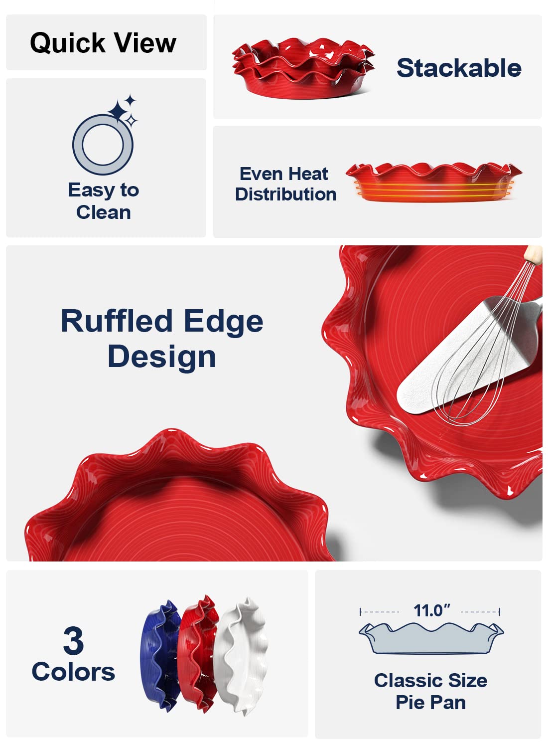 LE TAUCI Red Ceramic Pie Pans for Baking, Set of 2, 11 Inch Ruffled Deep Dish Pie Plates, Holiday Bakeware for Apple Pie, Tart and Quiche