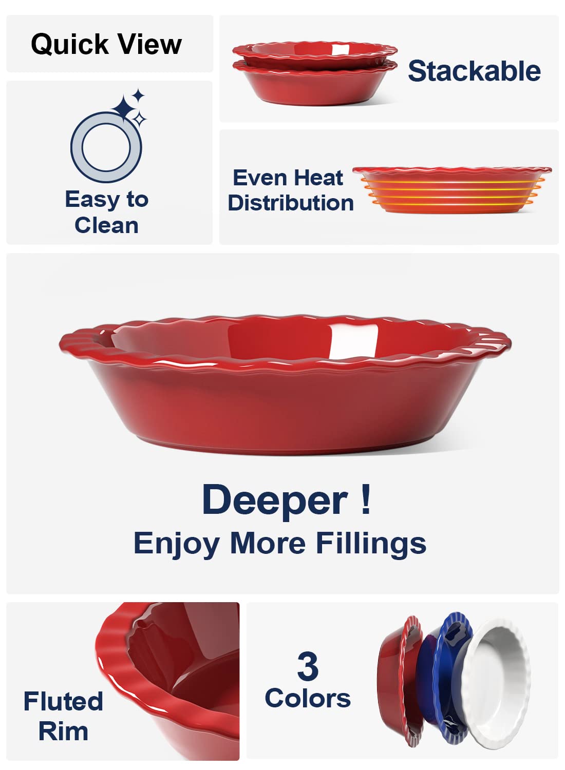 Ceramic Pie Pans for Baking, 9 Inches Pie Plate for Apple Pie, Pecan Pie, 52 Ounce Deep Pie Dish, Set of 2, Red