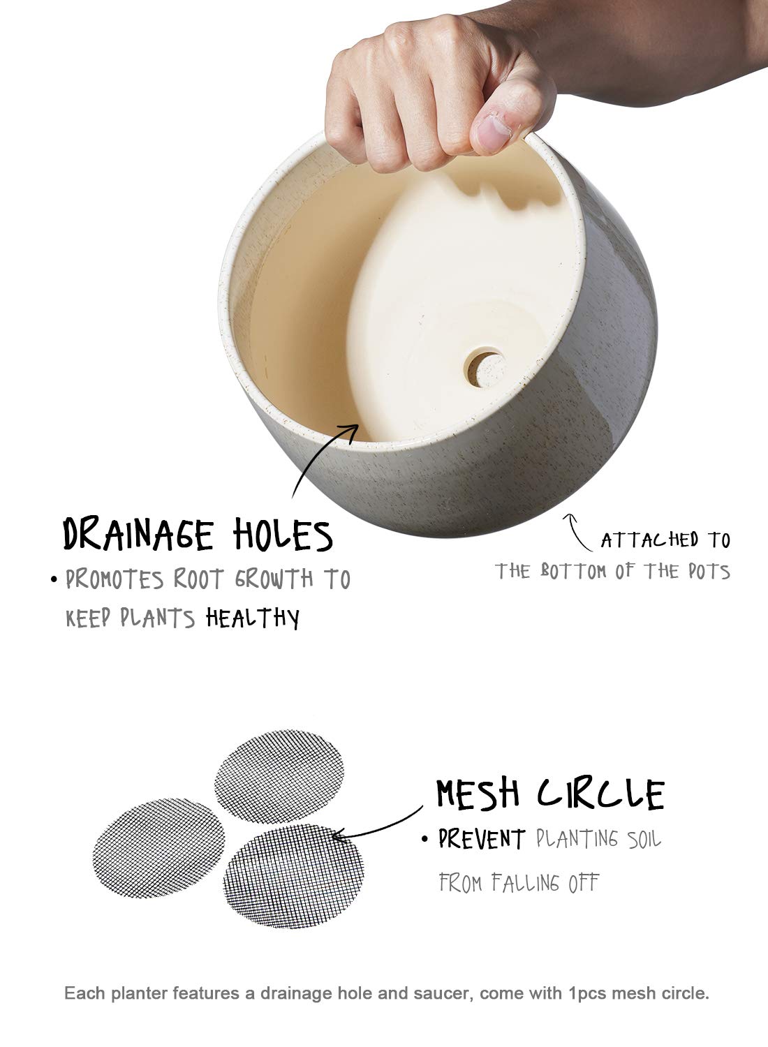 BEMAY 4.1+5.1+6.5 Inch Ceramic Plant Pots with Drainage Hole and Saucer, Set of 3, Reactive Glaze Beige