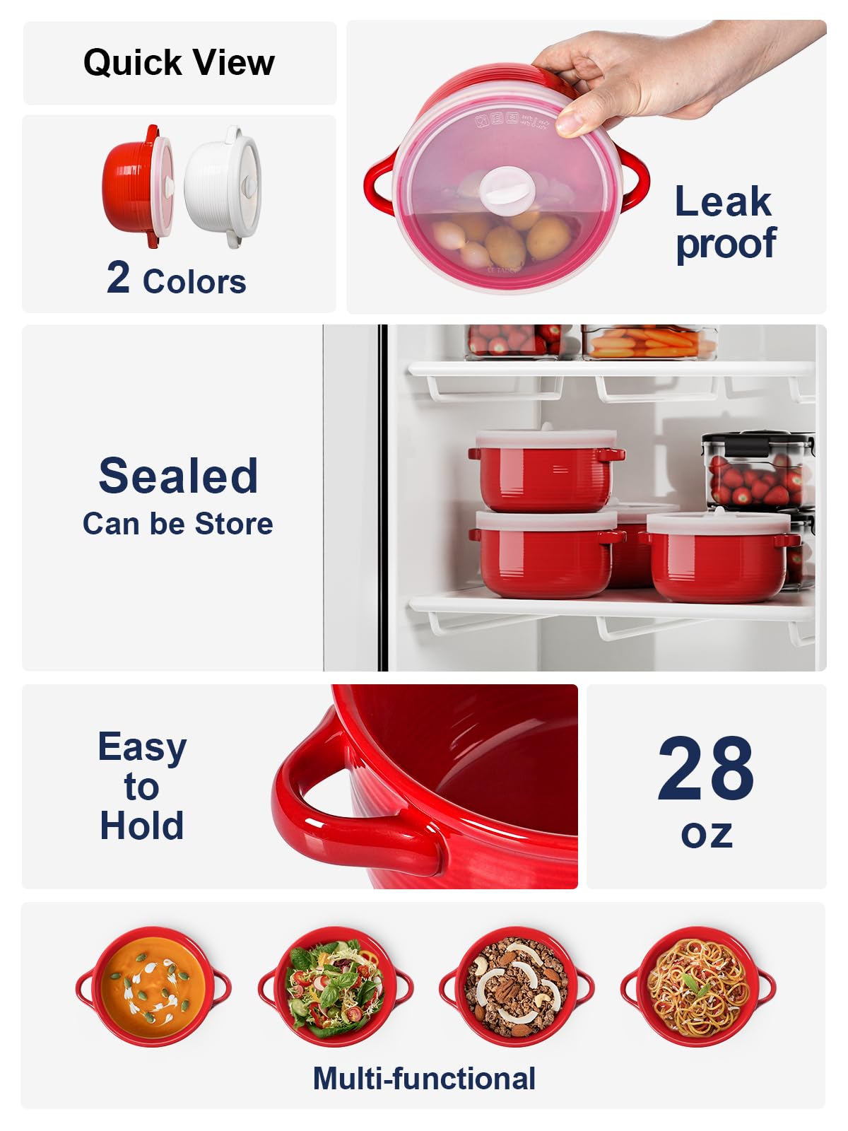 Red Ceramic Soup Bowls with Lids and Handles, 28 oz French Onion Soup Bowls Set of 4, Microwave Safe Bowls for Cereal, Chili, Stew and Leftovers