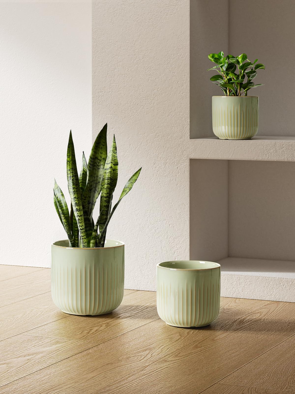 BEMAY Set of 3 Ceramic Plant Pots, 5.7 in, 6.9 in, 8.3 in Indoor Planters with Drainage Holes, Mesh Pads and Silicone Plugs, Sage Green