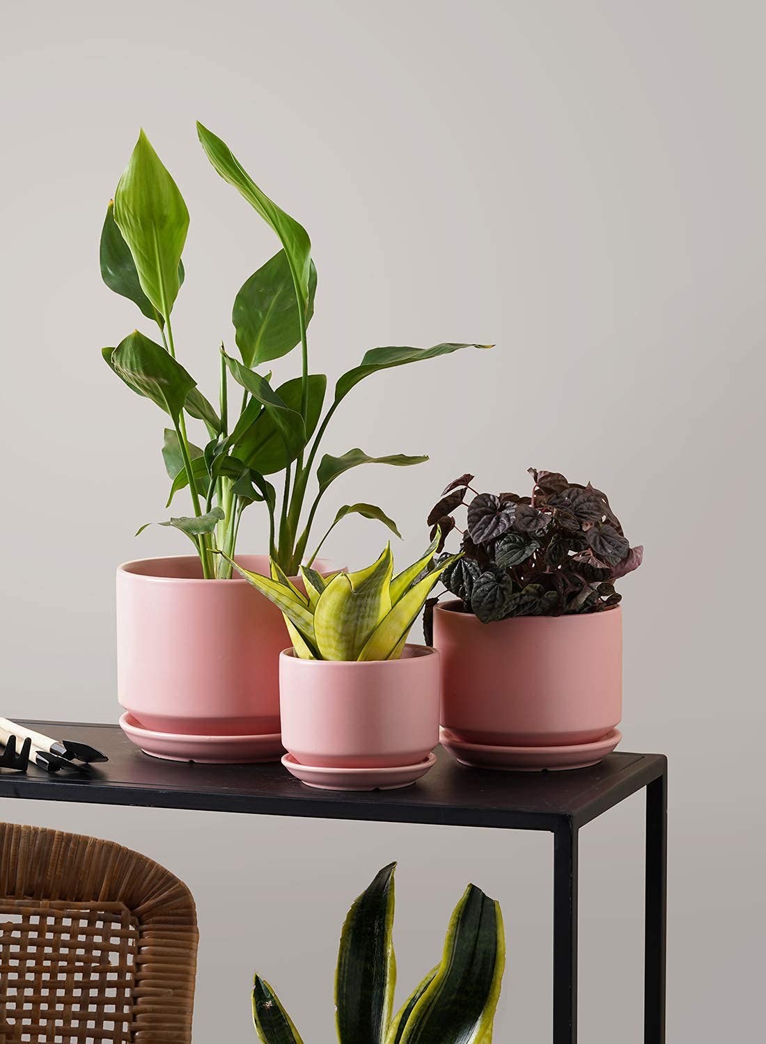 BEMAY Ceramic Planters, Set of 3 (4.3", 5.3", 6.8") Pink Flower Pots with Drainage Hole and Saucer Plant Pots for Home and Office Decor