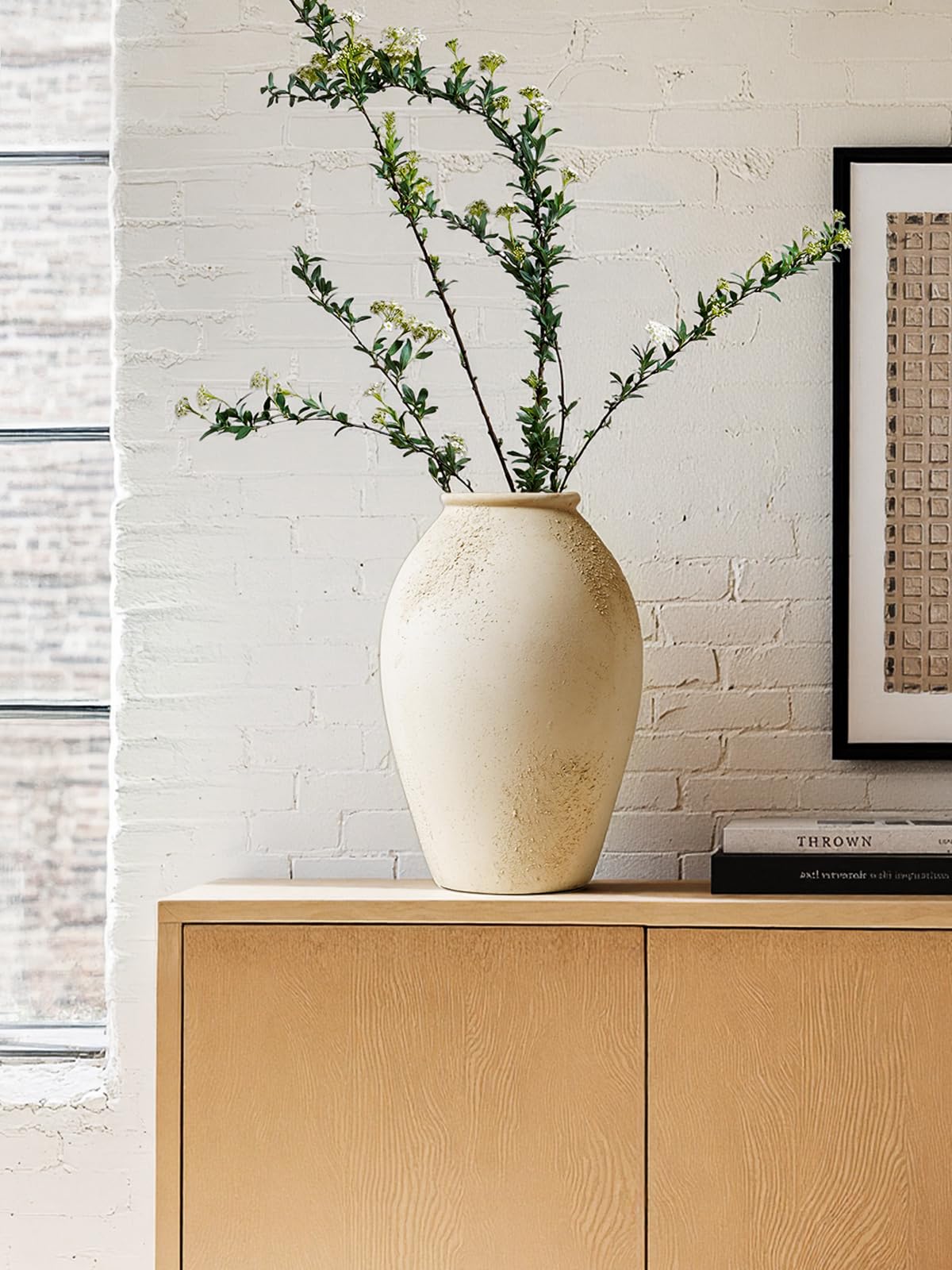 13.2 Inch Ceramic Vase, Tall Decorative Vase for Home Decor, Rustic Cream Beige Flower Vase for Living Room, Entryway, Mantel and Tabletop Decor