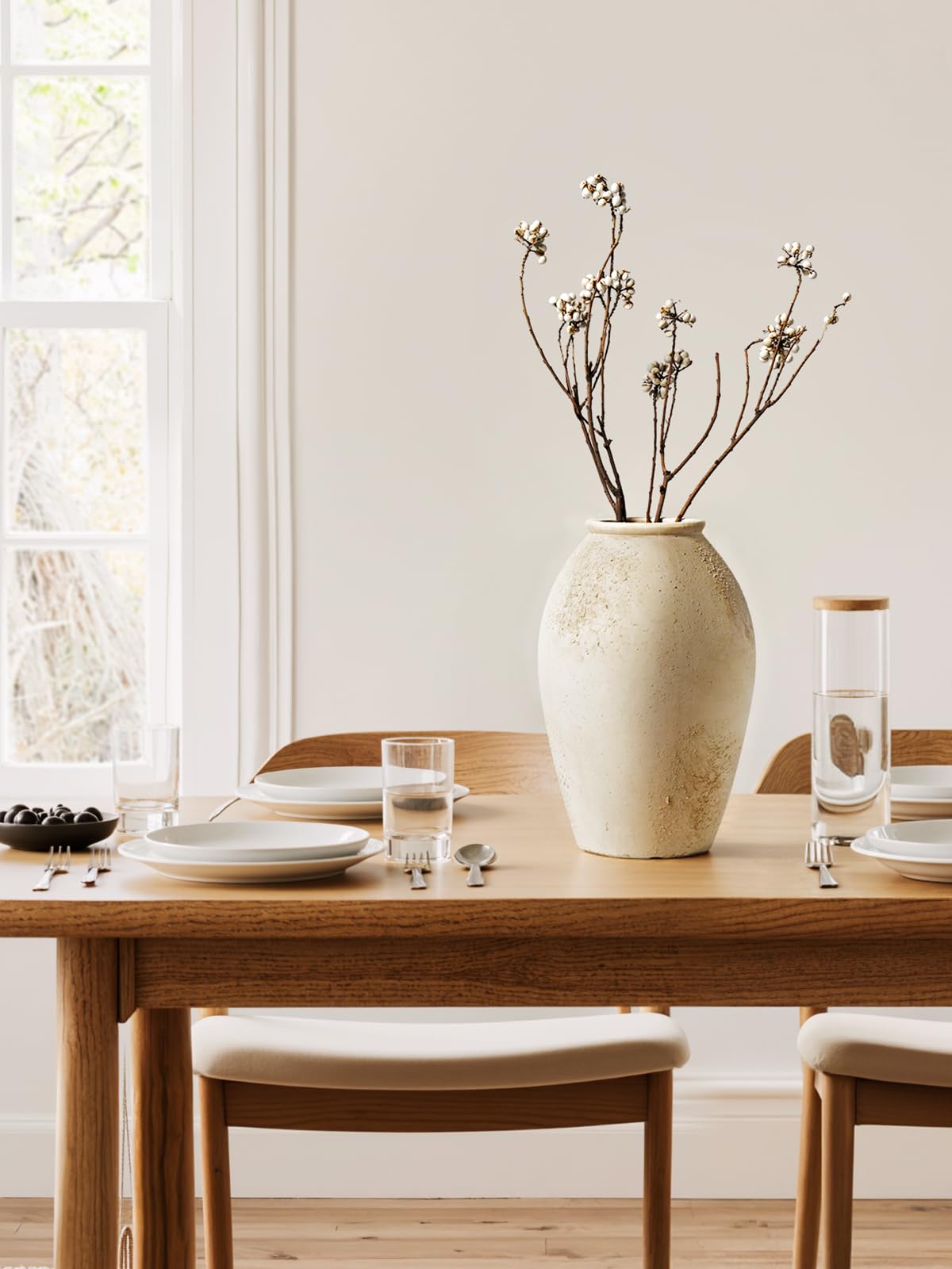 11.5 Inch Ceramic Vase, Decorative Flower Vase for Home Decor, Rustic Cream Beige Tabletop Vase for Living Room, Shelf, Mantel and Entryway