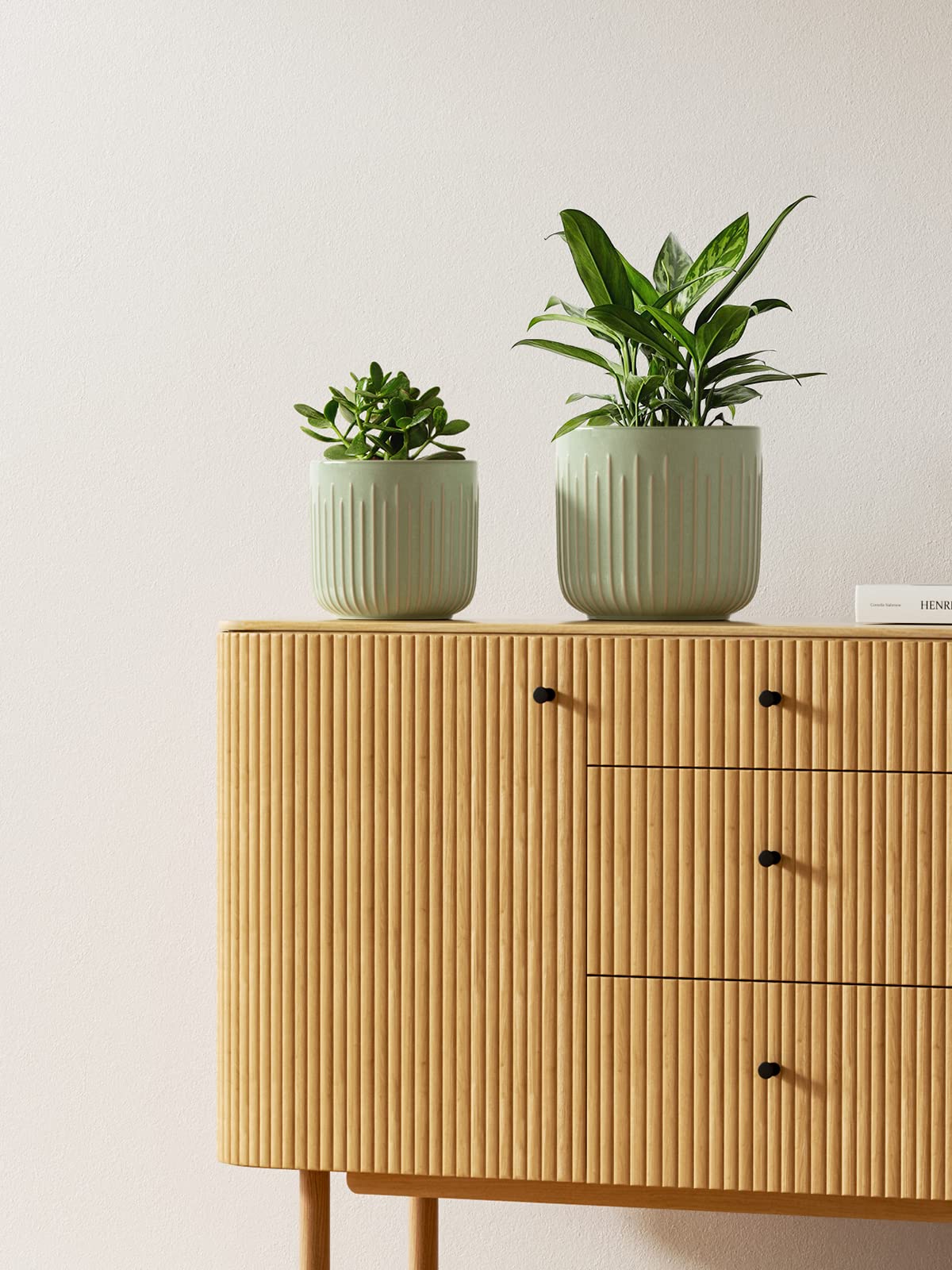 BEMAY Set of 3 Ceramic Plant Pots, 5.7 in, 6.9 in, 8.3 in Indoor Planters with Drainage Holes, Mesh Pads and Silicone Plugs, Sage Green