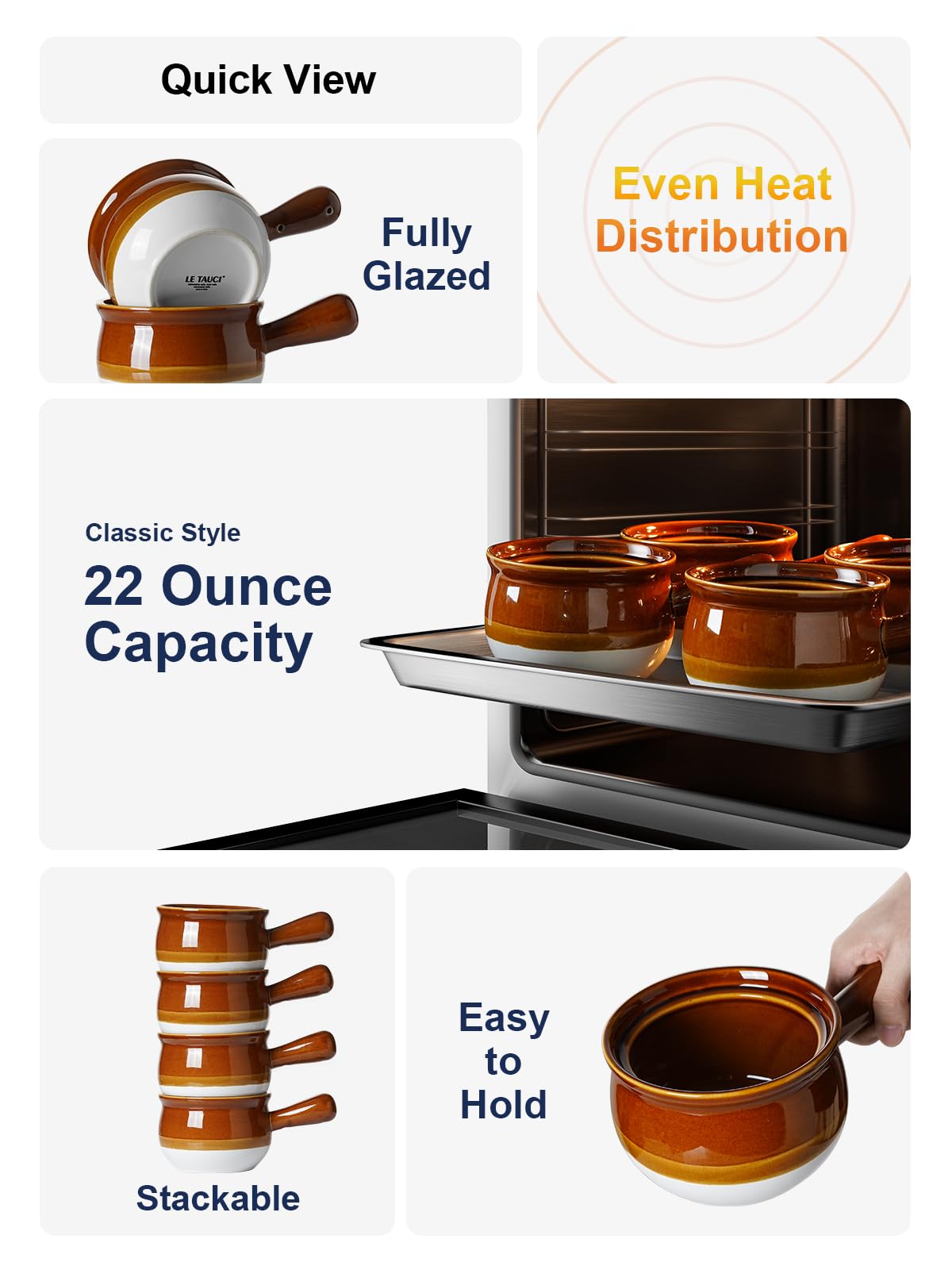 French Onion Soup Bowls, 16 Ounces Ceramic Soup Bowls with Handles for Soup, Cereal, Chilli, Beef Stew, Soup Crocks Oven Safe and Stackable, Set of 4
