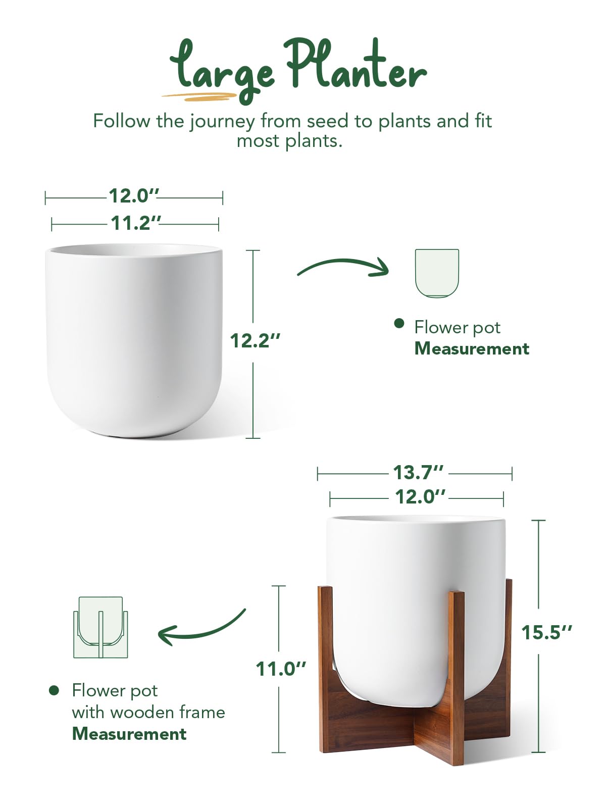 LE TAUCI 12 Inch Pots for Plants with Acacia Wood Stand, Ceramic Large Planters for Indoor Plants, Indoor Plant Pots for Office Living Room, Cylinder Pots for Plants with Drainage Hole and Plug, White
