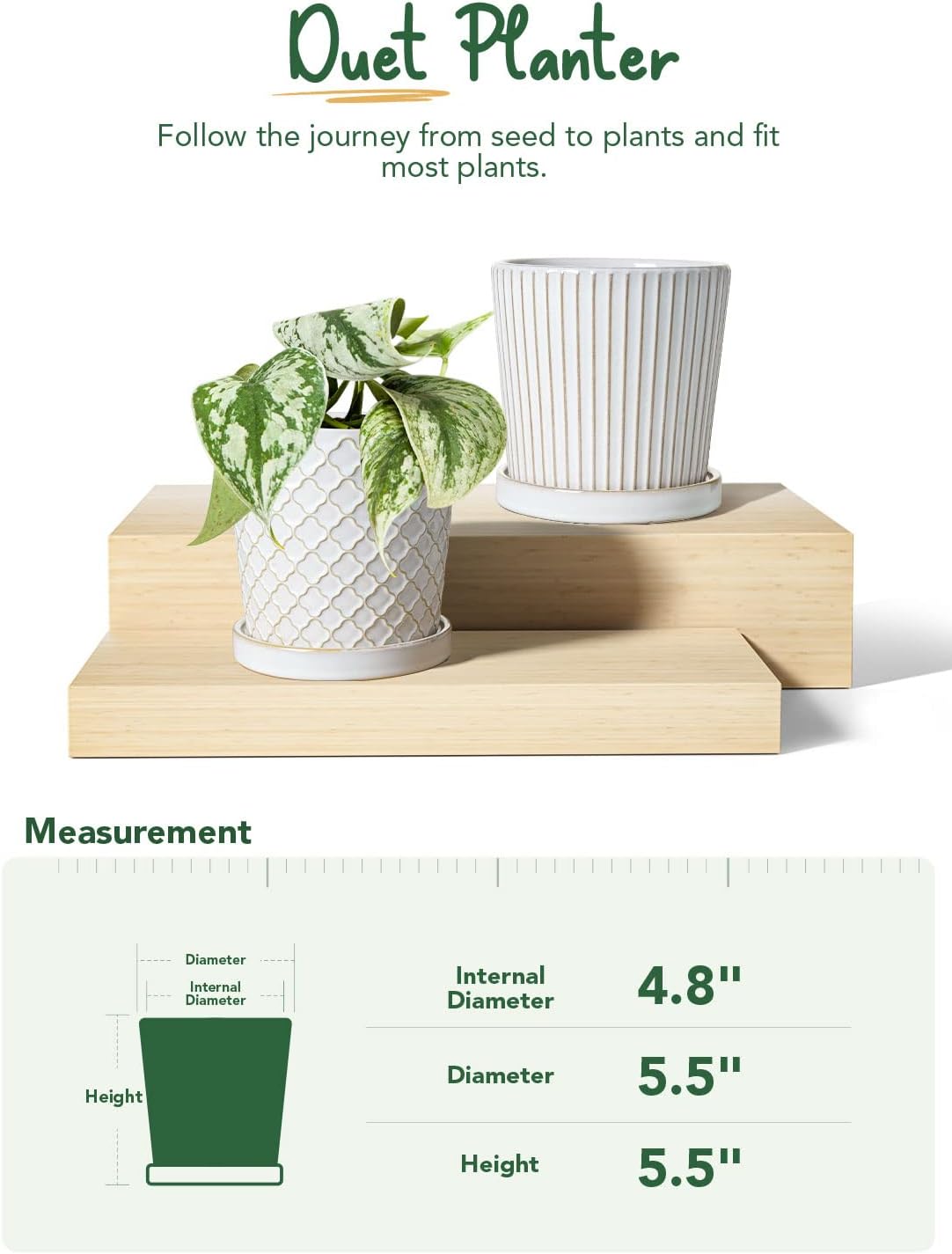 BEMAY Ceramic Plant Pots, 5.5 inch Flower Pots, Indoor Planters with Drainage Hole and Saucer, Pack of 2 Pots for Home Decor, Reactive Glaze White