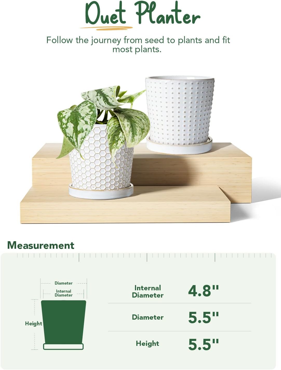 BEMAY Plant Pots, 5.5" Ceramic Flower Pots with Drainage Hole & Saucer, Pack of 2 Plant Pots,White