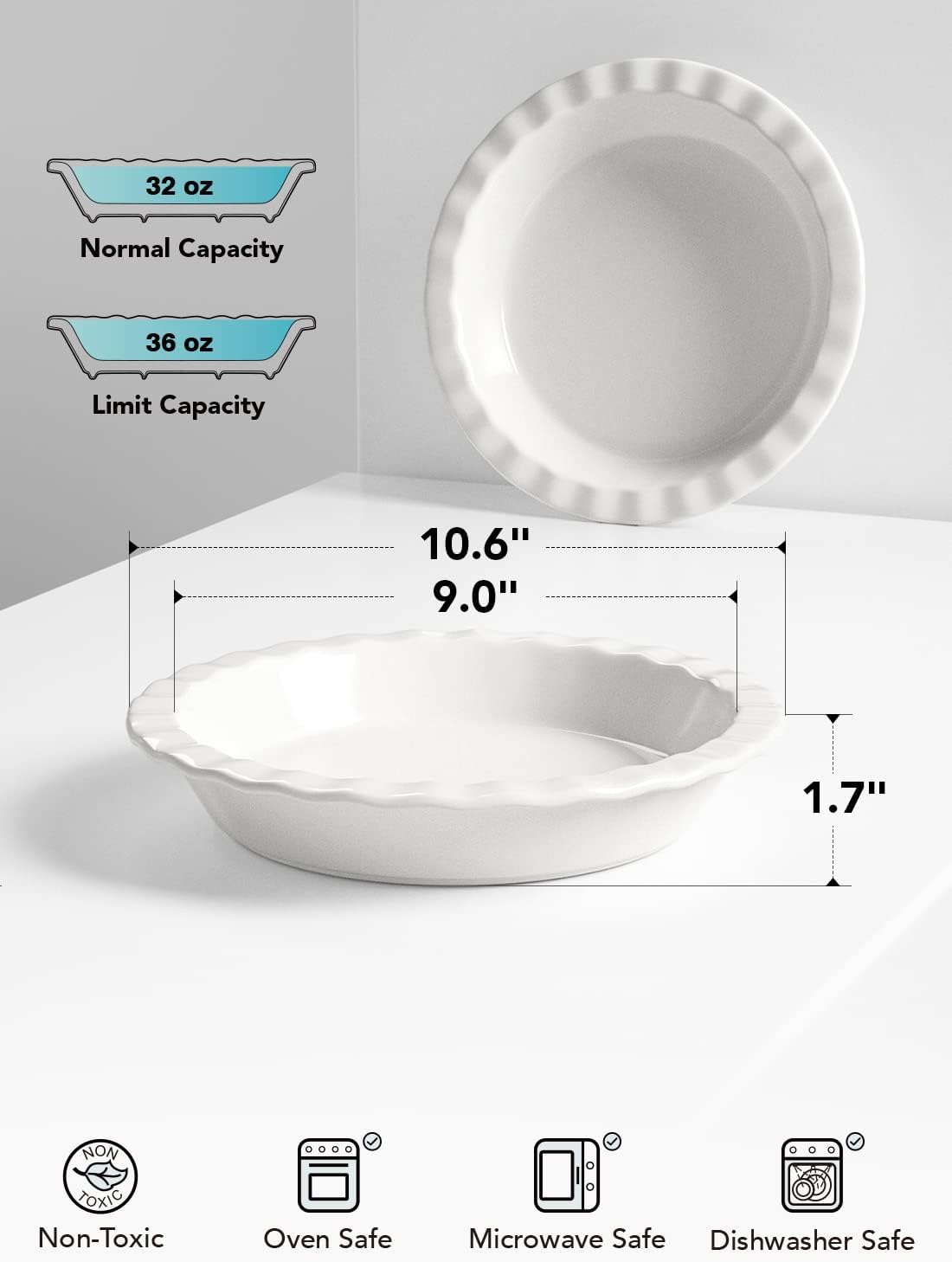 9" White Ceramic Pie Pan, 36 OZ Tart Pan for Baking, Set of 2 Pie Dish