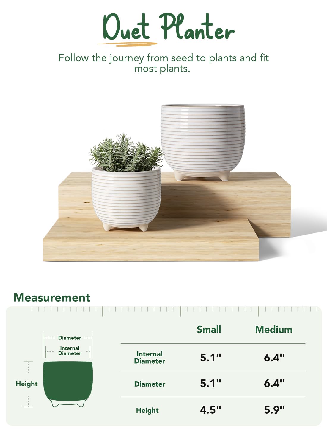 BEMAY Planter Pots, 5.1"+6.4" Ceramic Planters with Drainage, Mesh Circle and Plug Indoor Plant Pots for Home Office, Reactive Glaze White