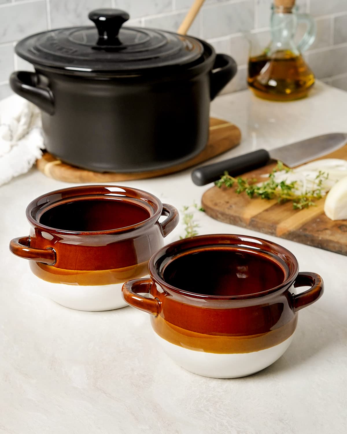 22 oz French Onion Soup Crocks with Handles, Ceramic Soup Bowls for Soup, Chili, Beef Stew, Set of 4, Oven & Broil Safe Bowls