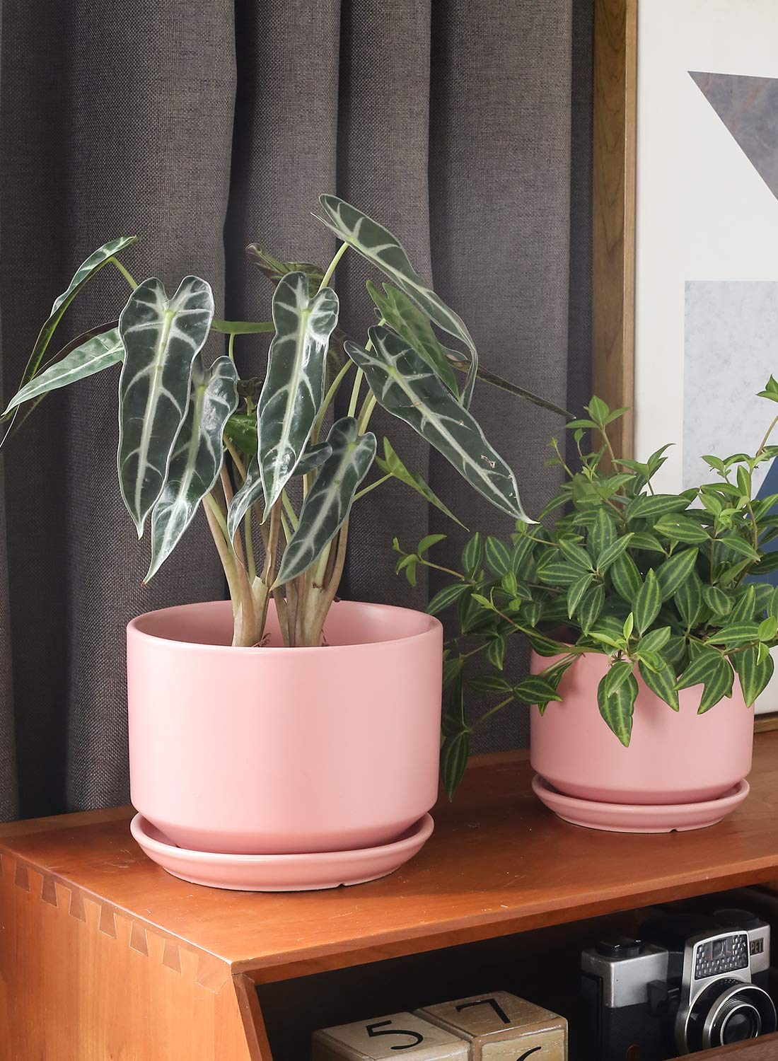 BEMAY Ceramic Planters, Set of 3 (4.3", 5.3", 6.8") Pink Flower Pots with Drainage Hole and Saucer Plant Pots for Home and Office Decor