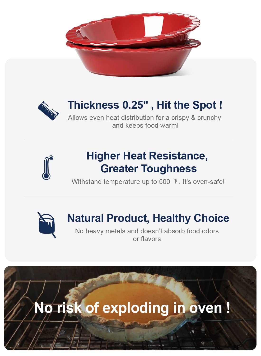 Ceramic Pie Pans for Baking, 9 Inches Pie Plate for Apple Pie, Pecan Pie, 52 Ounce Deep Pie Dish, Set of 2, Red