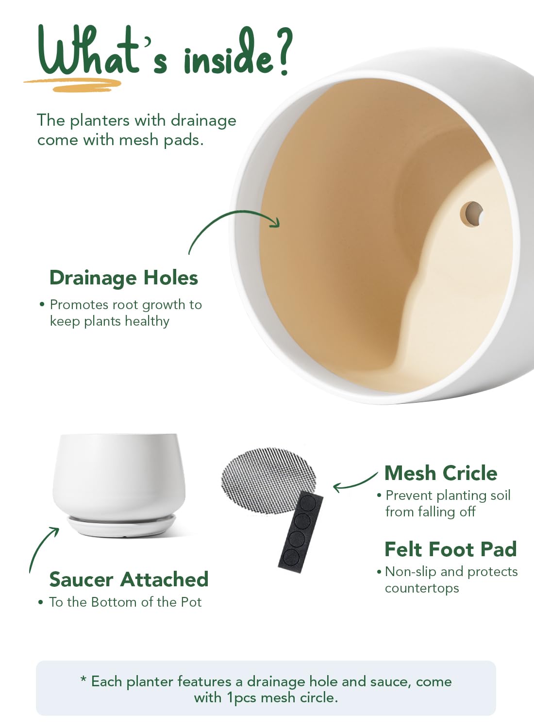 BEMAY 12" White Ceramic Plant Pot with Drainage Hole and Saucer, Round Indoor Planter for Home Decor & Planting