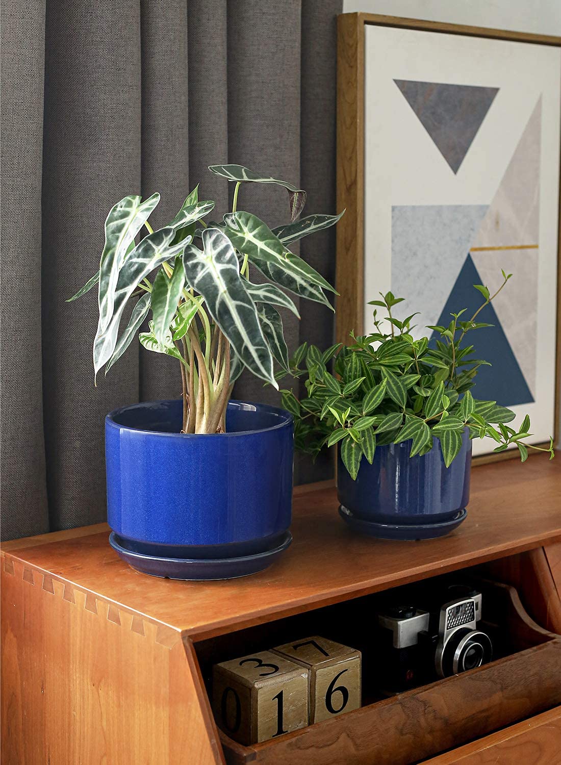 BEMAY Ceramic Plant Pots, 4.3"+5.3"+6.8" Flower Pots with Drainage Hole & Saucer, Pack of Three Planter, Sapphire Blue