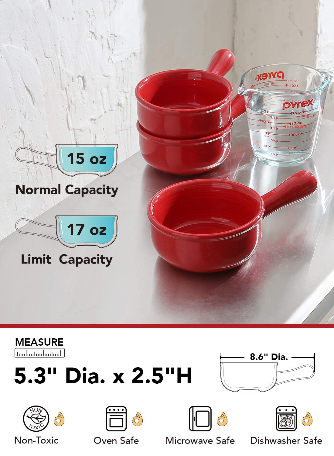French Onion Soup Bowls, 15 Ounce Ceramic Soup Bowls with Handles, for Chili, Beef Stew, Oven Microwave Dishwasher Safe, Set of 4, Red
