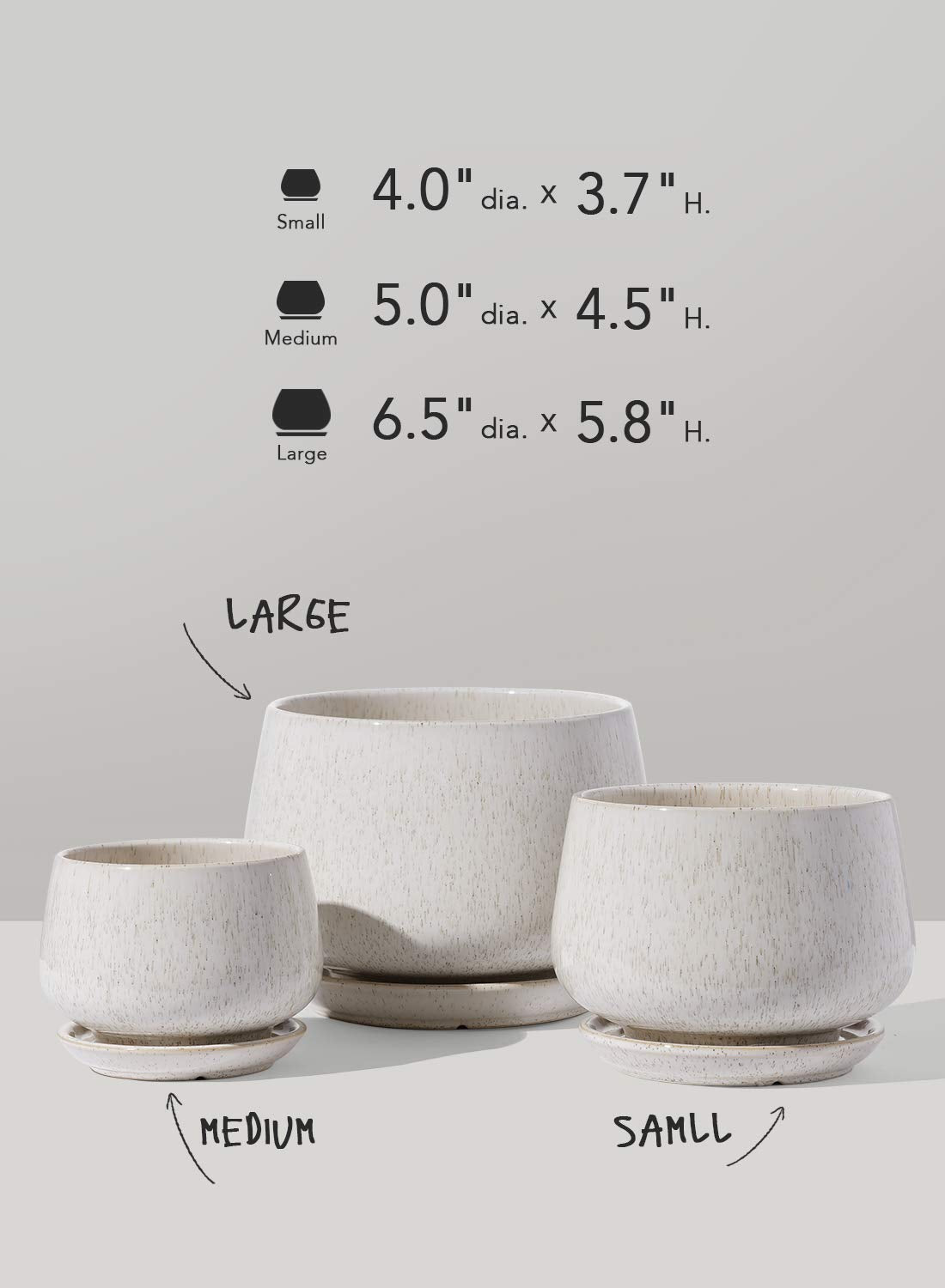 BEMAY 4.1+5.1+6.5 Inch Ceramic Plant Pots with Drainage Hole and Saucer, Set of 3, Reactive Glaze Beige