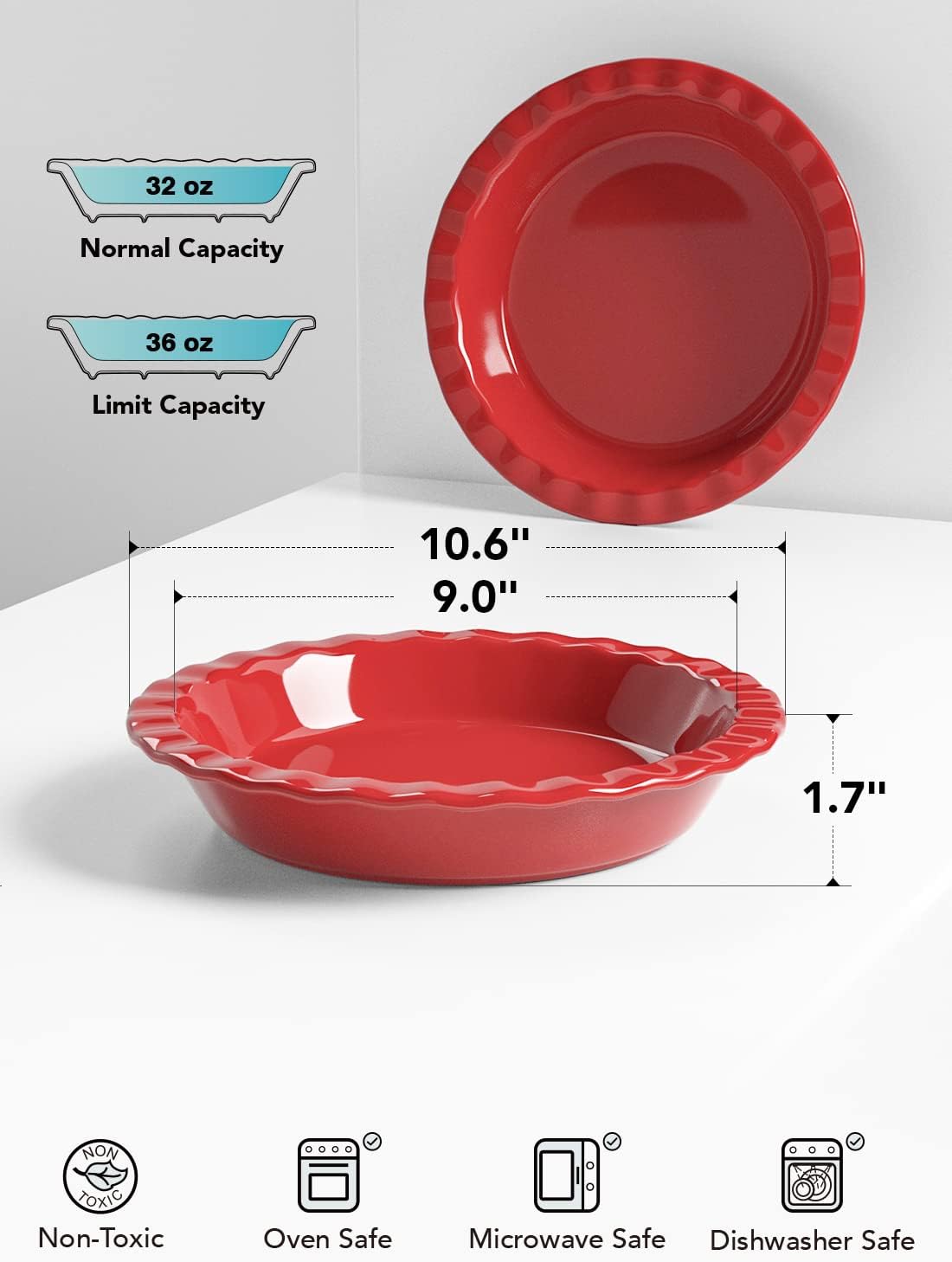 Ceramic Pie Pans for Baking, 9 Inches Pie Plate for Apple Pie, Pecan Pie, 36 Ounce Deep Dish Pie Pan, Set of 2, Red