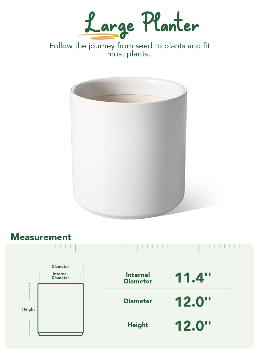 12 inch wide plant pot BEMAY 12" Ceramic Pots for Plants, White Plant Pot with Drainage Hole