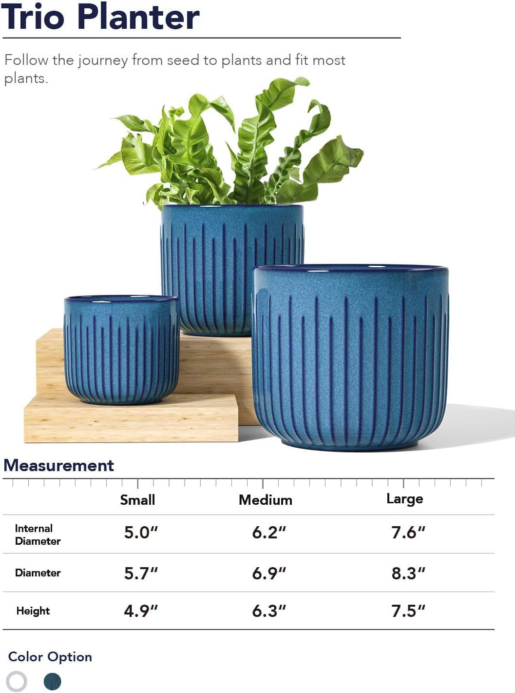 BEMAY Ceramic Planters, Set of 3 Plant Pots for Indoor Plants, 8.3+6.9+5.7 inch Flower Pots with Drainage Holes, Medium Cylinder Planters Pot for Indoor House Plants,Glaze Ocean Blue
