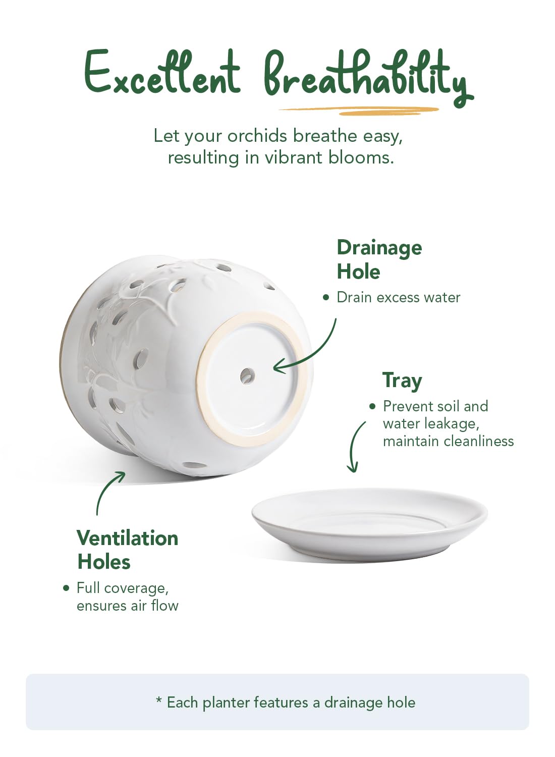BEMAY Ceramic Orchid Pot, 6.5 inch Plant Pots with Hole, Indoor Planter for Plants, Flower Pot with Drainage and Saucer, White