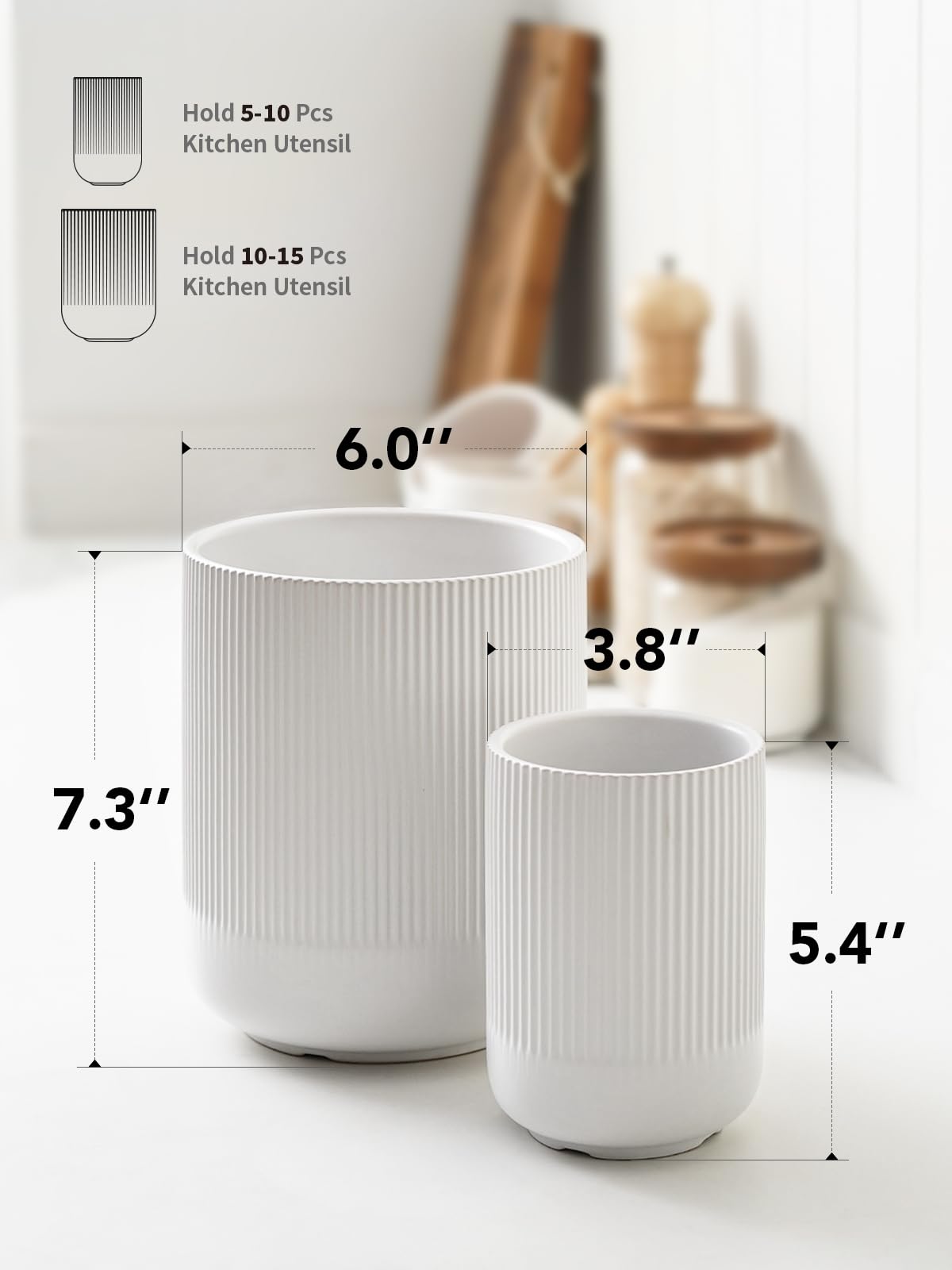 Set of 2 Utensil Holders, 7.3"+5.4" Ceramic Crocks for Kitchen, Cooking Organizer & Plant Pots, White Utensil Caddy