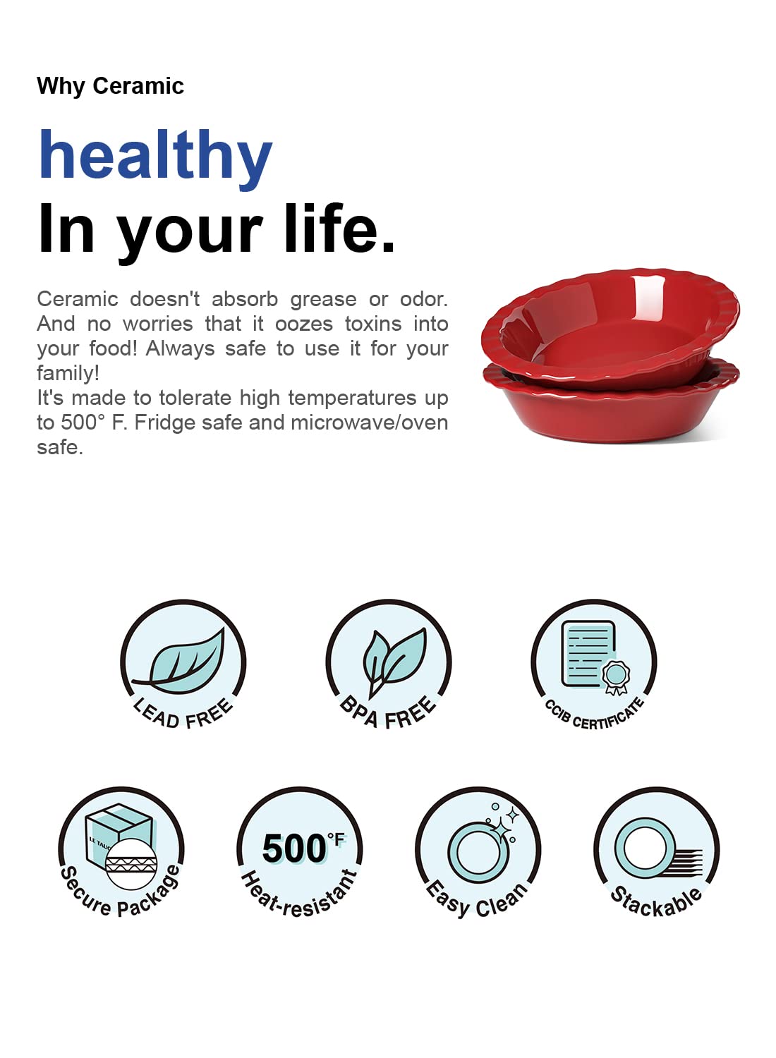 Ceramic Pie Pans for Baking, 9 Inches Pie Plate for Apple Pie, Pecan Pie, 52 Ounce Deep Pie Dish, Set of 2, Red