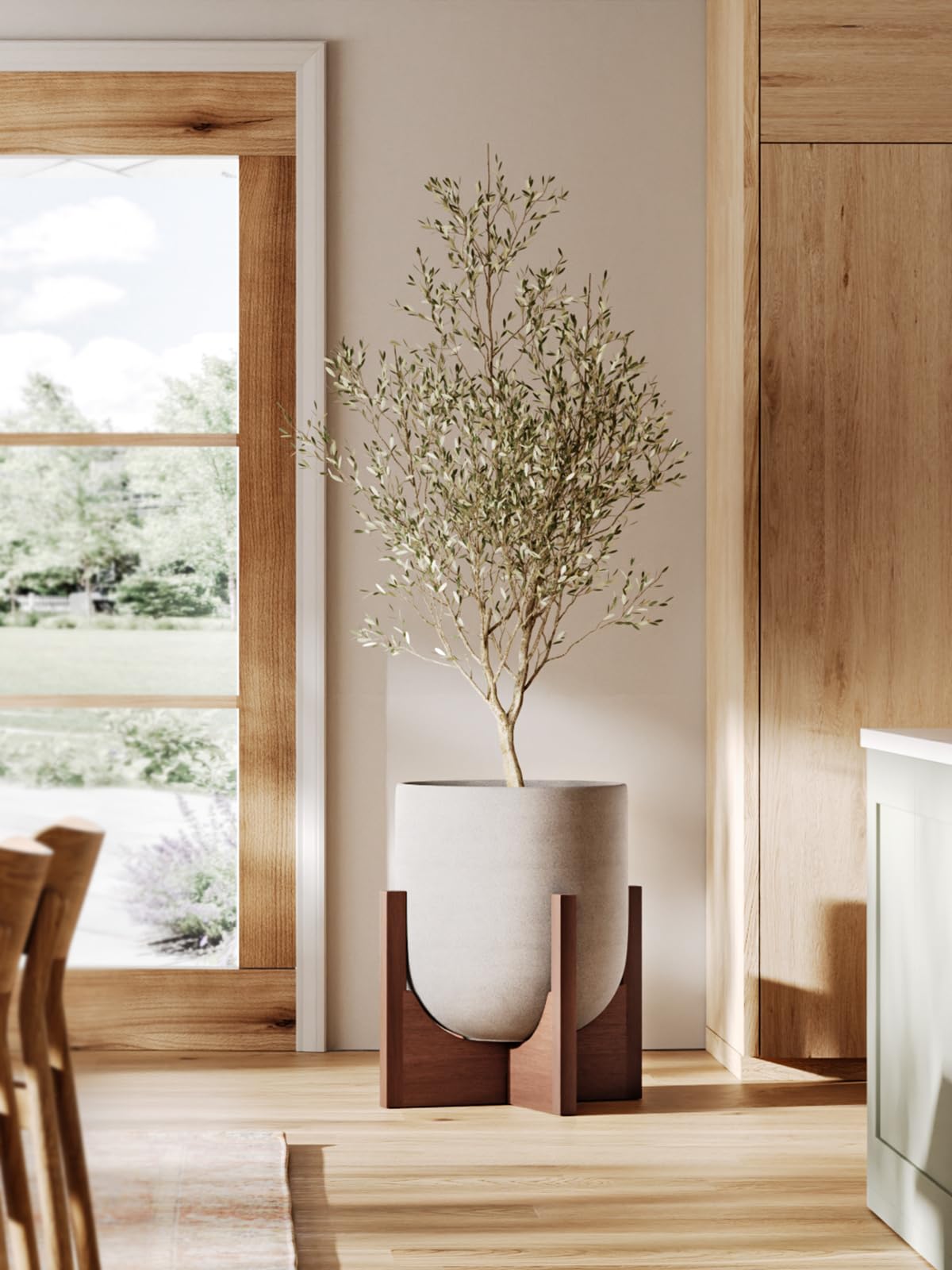 BEMAY 12 Inch Large Ceramic Planter with Wooden Stand, Indoor Modern Plant Pot with Drainage Hole, Mesh Pad & Silicone Plug, Floor Standing Flower Pot for Living Room, Bedroom, Entryway