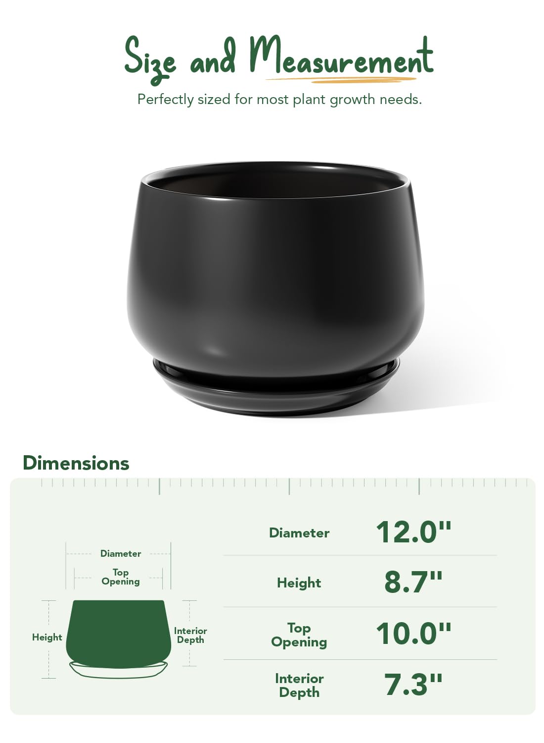 BEMAY 12" Black Plant Pot with Drainage Hole and Saucer, Modern Round Indoor Planter Living Rooms, Entryways & Home Decor