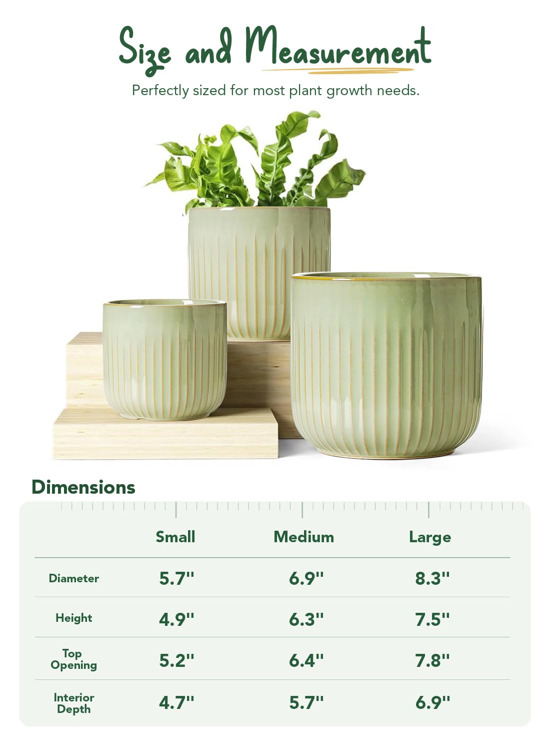BEMAY Set of 3 Ceramic Plant Pots, 5.7 in, 6.9 in, 8.3 in Indoor Planters with Drainage Holes, Mesh Pads and Silicone Plugs, Sage Green