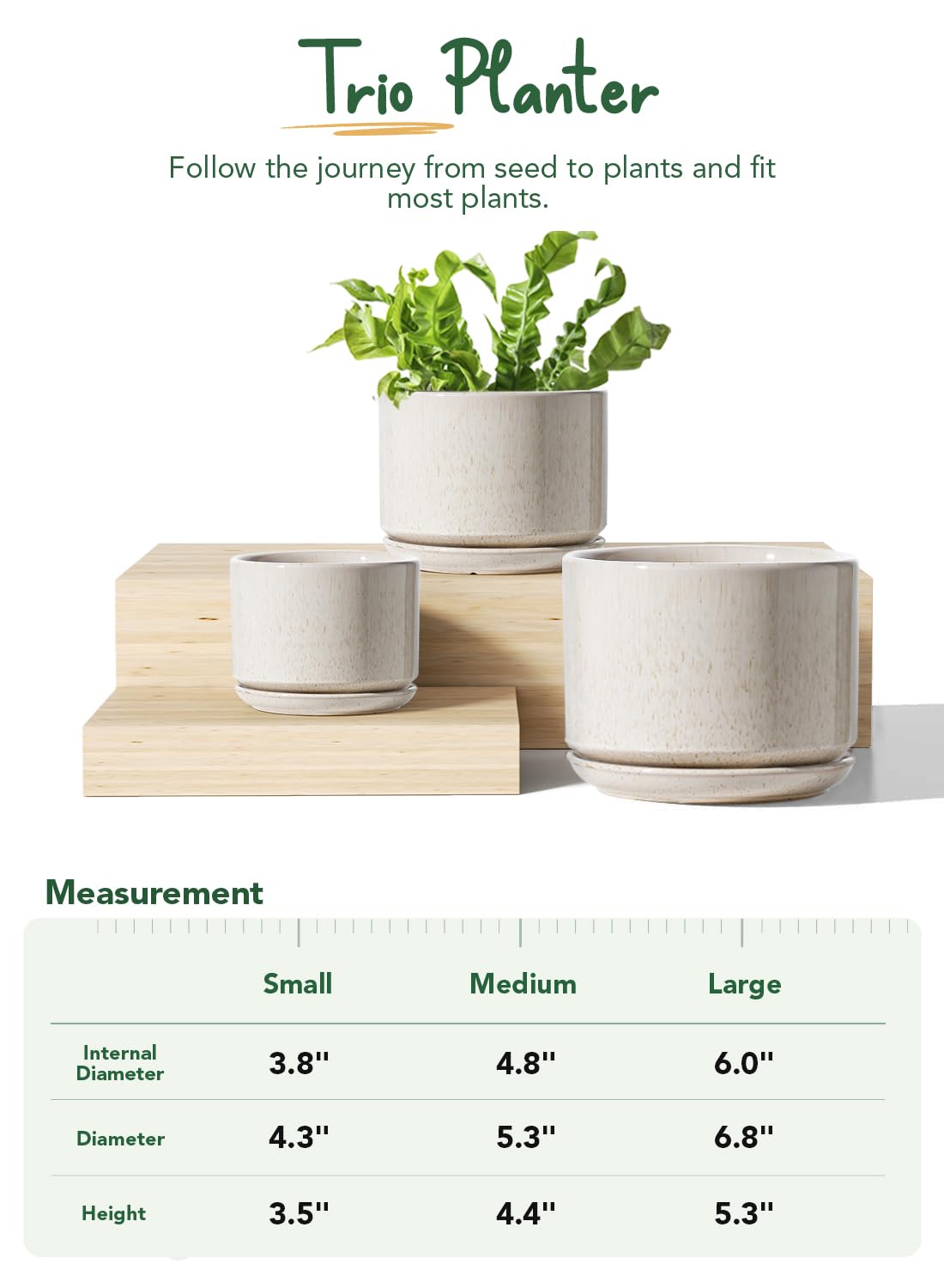 BEMAY Plant Pots, 4.3+5.3+6.8 inch Ceramic Flower Pots with Drainage Hole and Saucer, Pack of 3 Planter for Home/Patio Decor,Reactive Glaze Beige