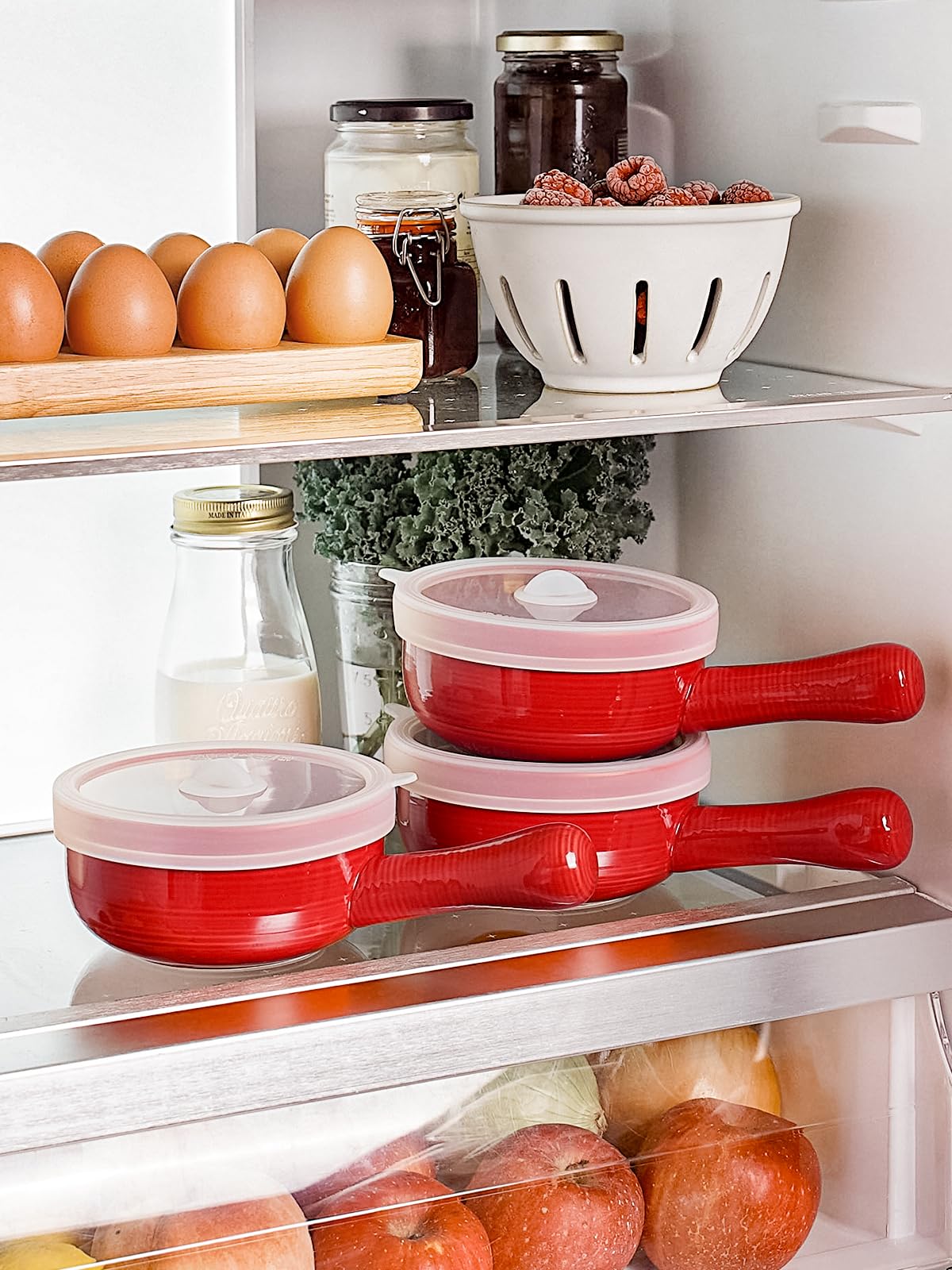 Red Ceramic Soup Bowls with Handles and Lids, 15 oz French Onion Soup Bowls Set of 2, Oven Safe Soup Crocks for Cereal, Chili, Stew and Leftovers