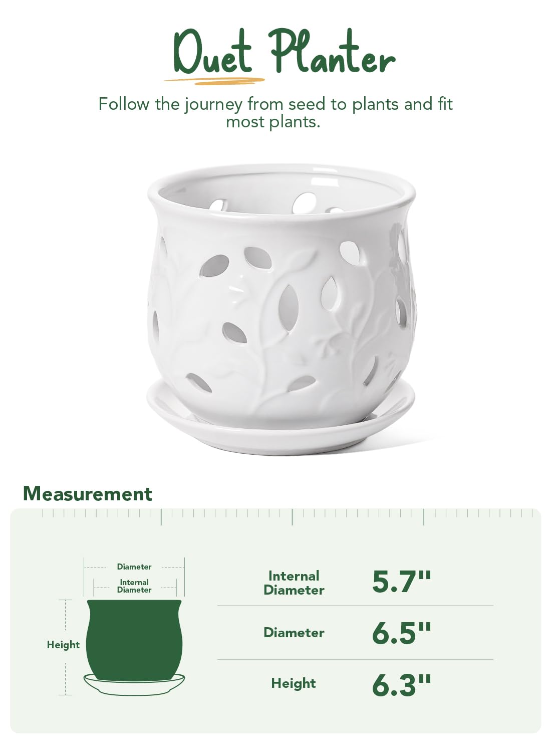 BEMAY Ceramic Orchid Pot, 6.5 inch Plant Pots with Hole, Indoor Planter for Plants, Flower Pot with Drainage and Saucer, White