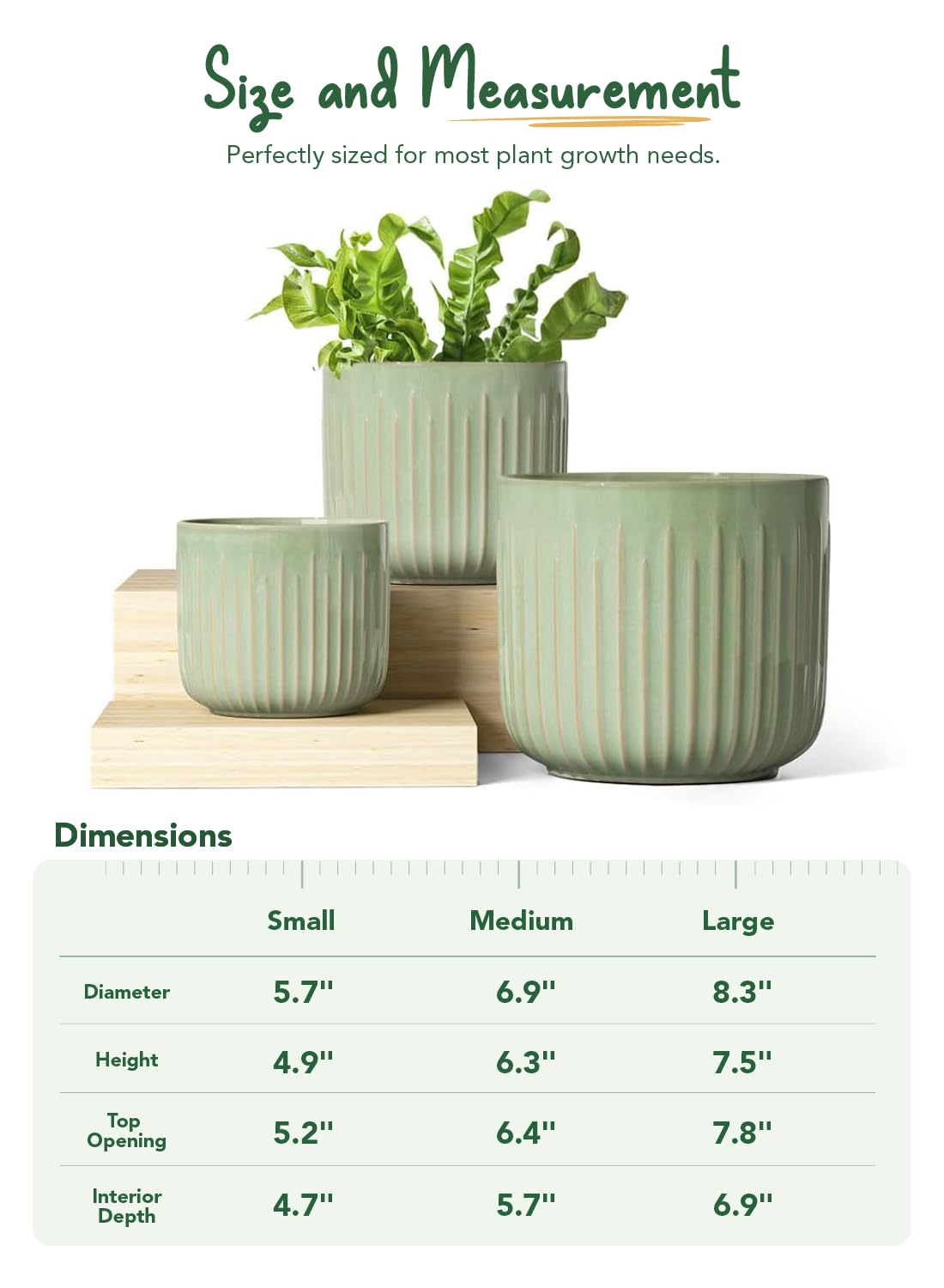 BEMAY Set of 3 Ceramic Plant Pots, 5.7 in, 6.9 in, 8.3 in Indoor Planters with Drainage Holes, Mesh Pads and Silicone Plugs, Sage Green