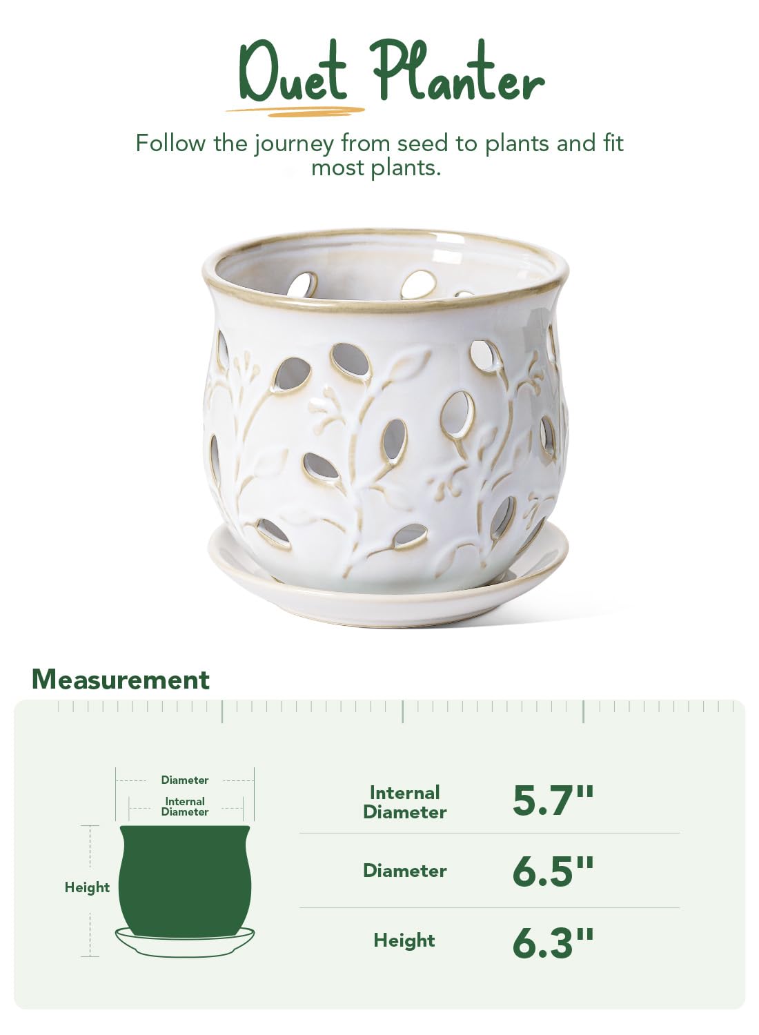 BEMAY Plant Pots,6.5" Ceramic Orchid Pot,Orchid Pots with Holes, Orchid Planter for Repotting, Indoor Flower Plant Pot with Drainage and Saucer, Arctic White
