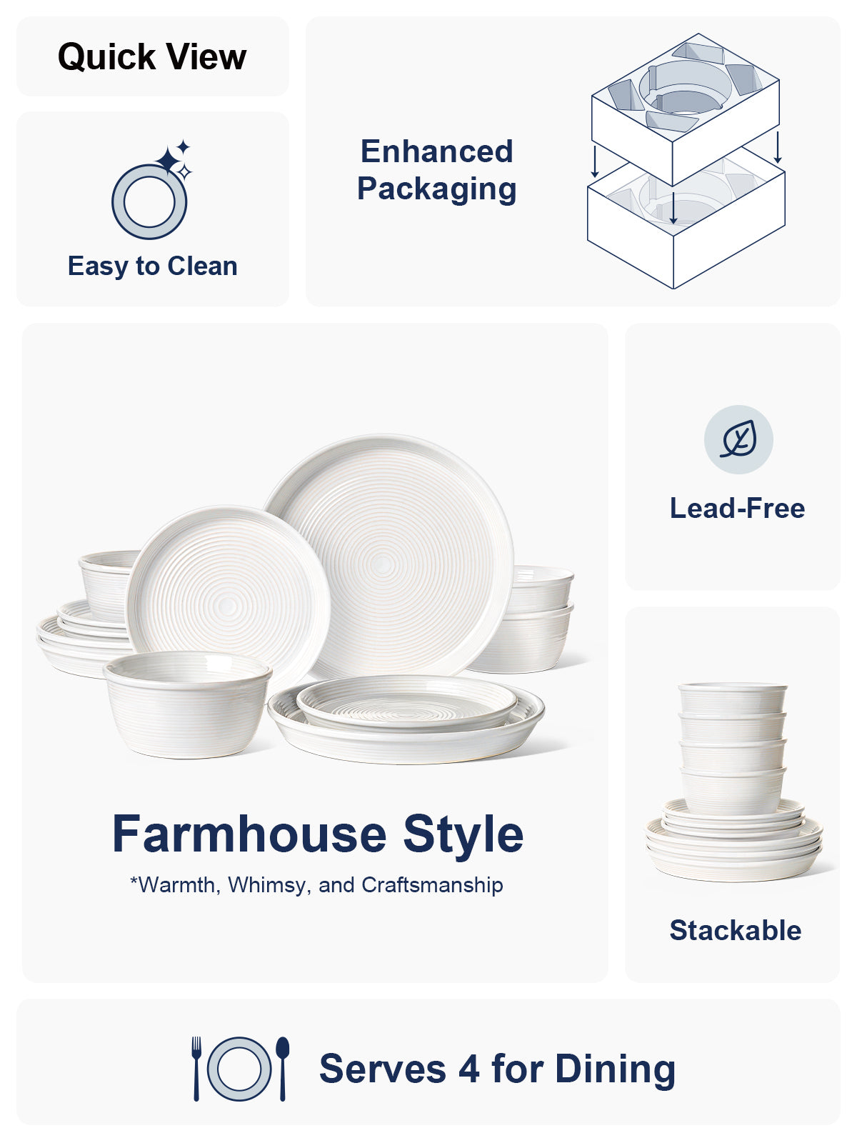 12-Piece Dinnerware Set, Ceramic Plates and Bowls Set for 4, Stoneware Dishes Set for Family, Microwave & Dishwasher Safe -White Dinner Set