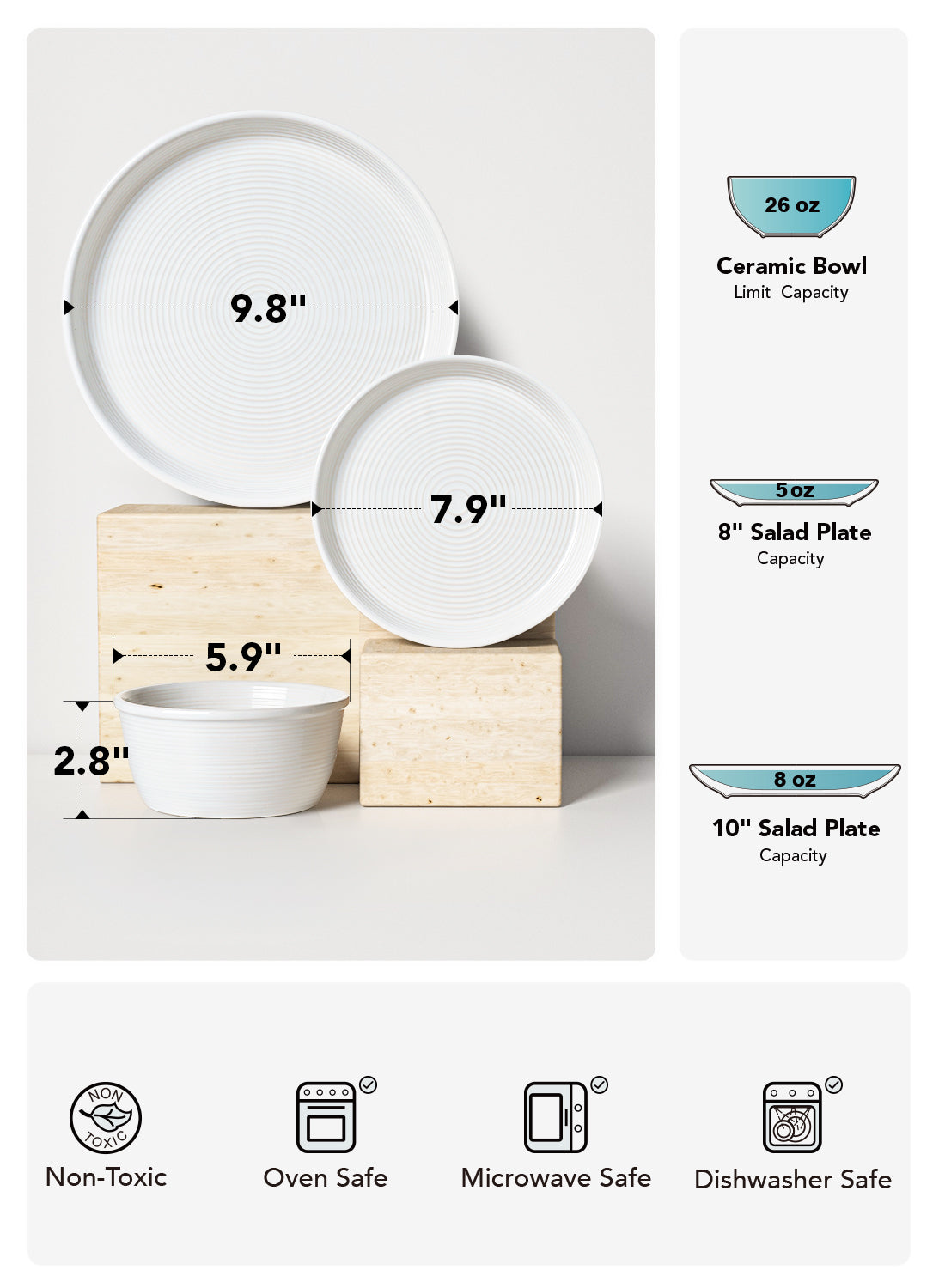 12-Piece Dinnerware Set, Ceramic Plates and Bowls Set for 4, Stoneware Dishes Set for Family, Microwave & Dishwasher Safe -White Dinner Set