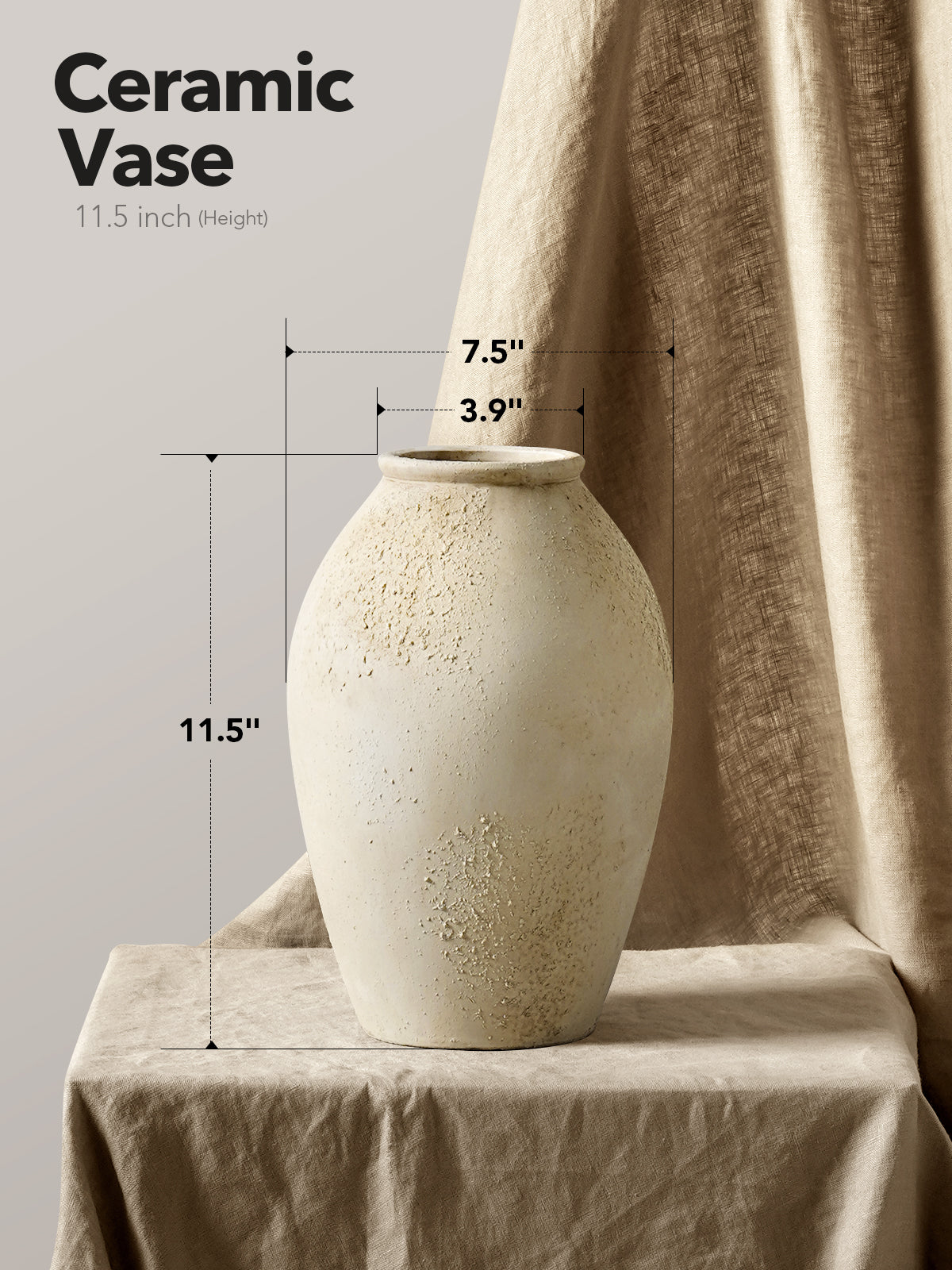 11.5 Inch Ceramic Vase, Decorative Flower Vase for Home Decor, Rustic Cream Beige Tabletop Vase for Living Room, Shelf, Mantel and Entryway