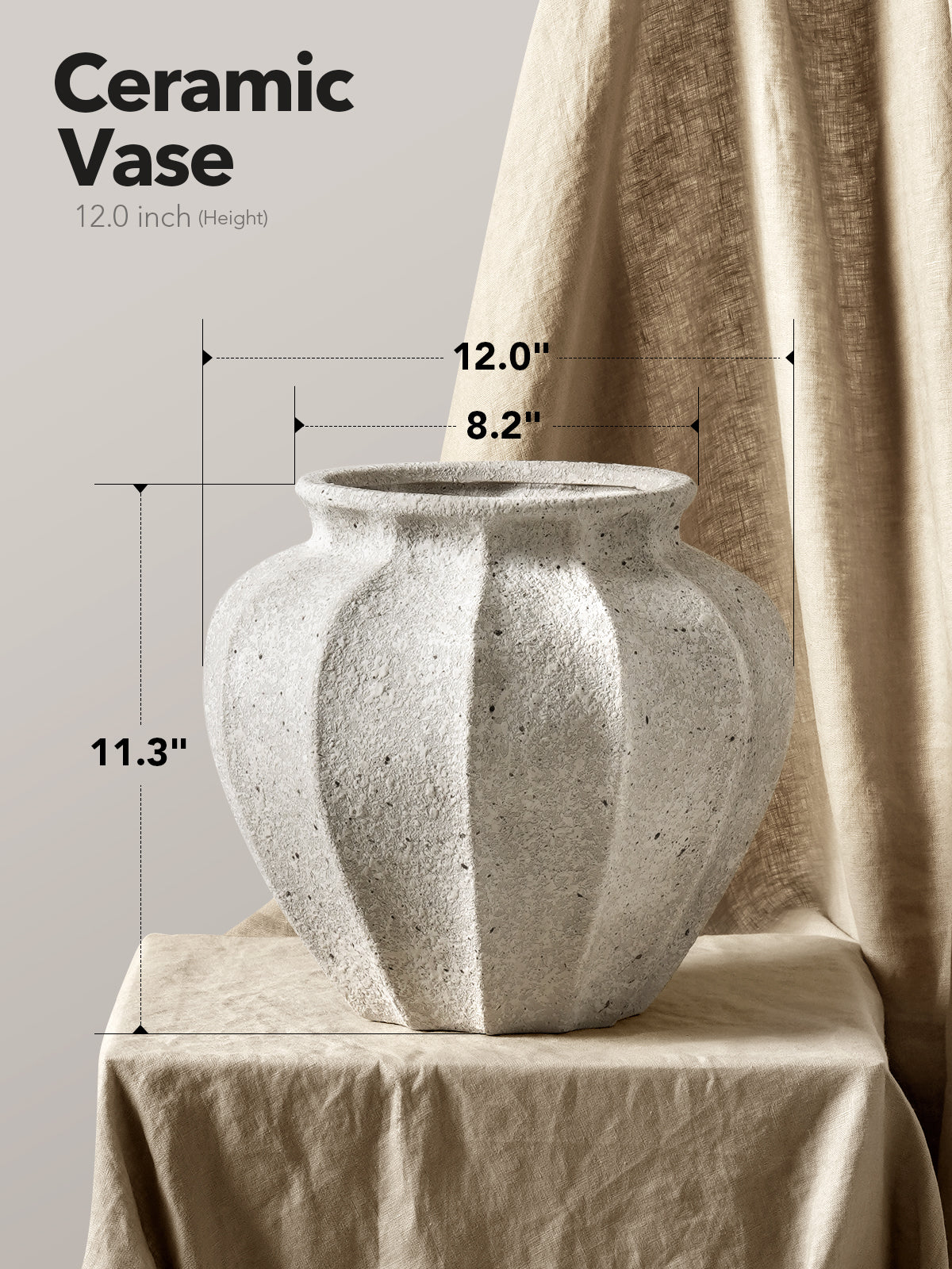 Ceramic Vase 12 Inch, Large Textured Decorative Vase for Floor or Table, Modern Neutral Home Decor